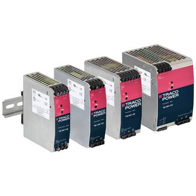 Quatre alimentations différentes de TRACO POWER montées en série. Chaque alimentation est dotée d'un boîtier métallique avec des étiquettes colorées et des bornes de connexion.