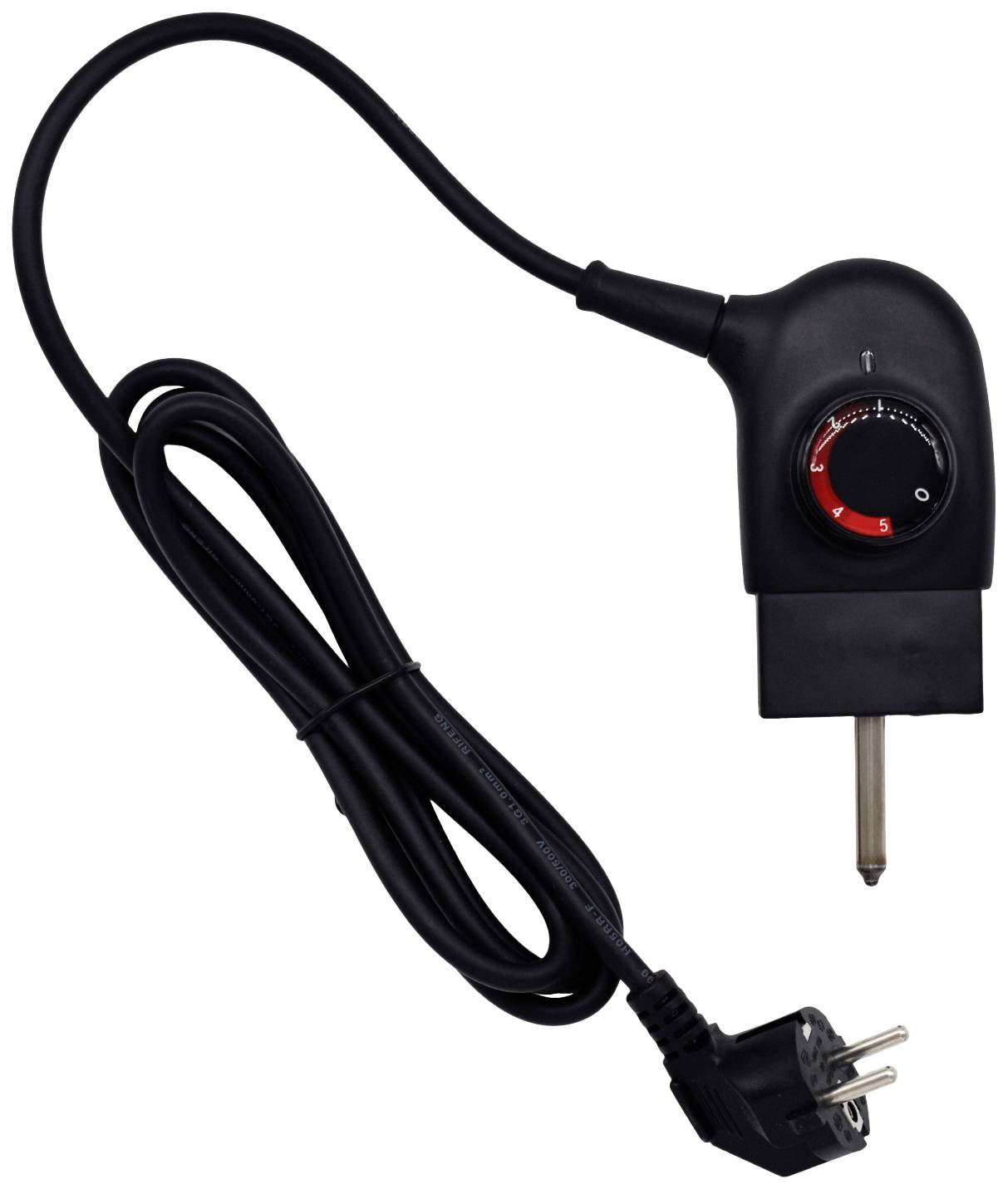 Fiche électrique noire avec régulateur intégré et connexion européenne, adaptée aux appareils nécessitant un réglage variable de la puissance.