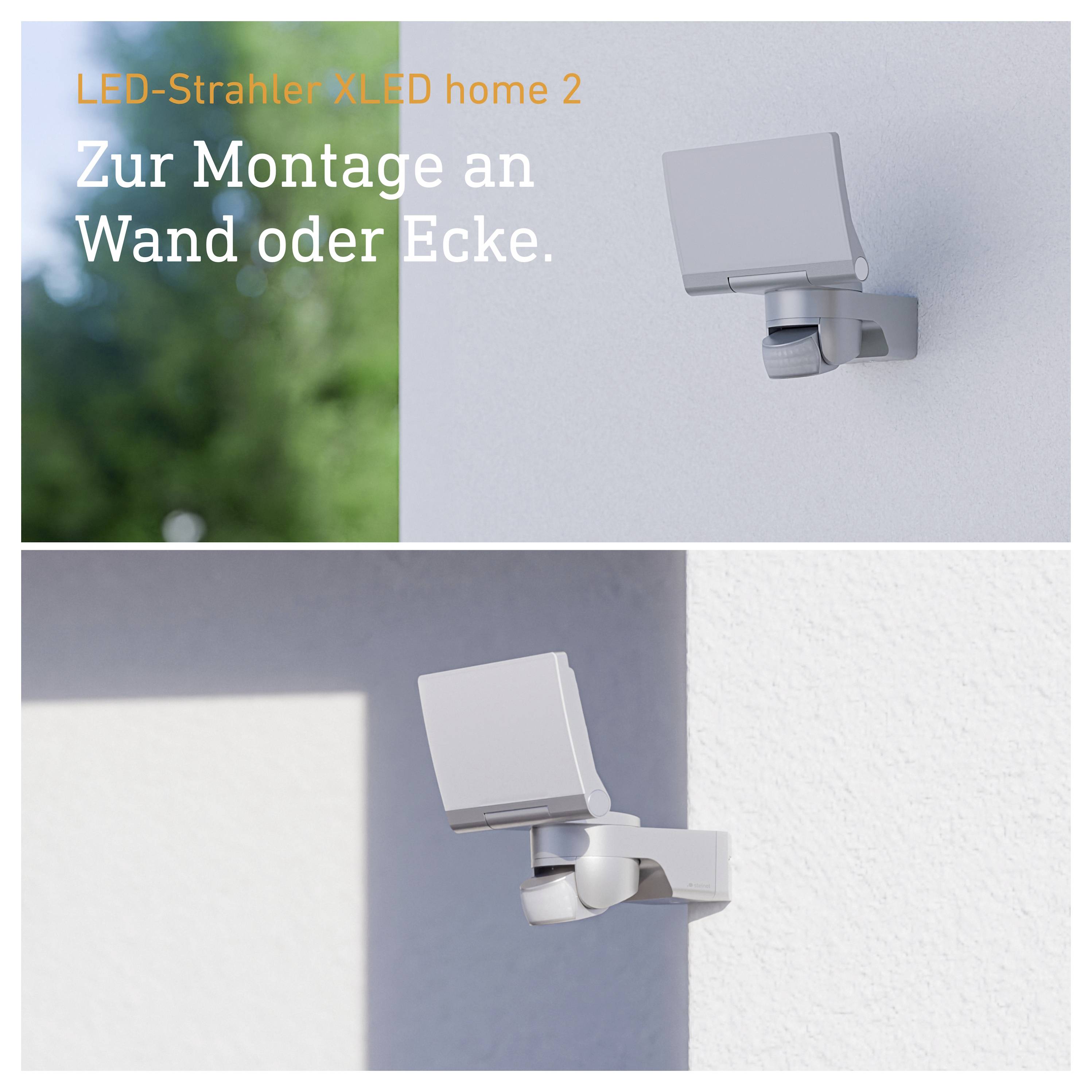 Image produit d'un projecteur LED « XLED home 2 » à installer sur un mur ou dans un coin, montré au mur avec un détecteur de mouvement réglable.