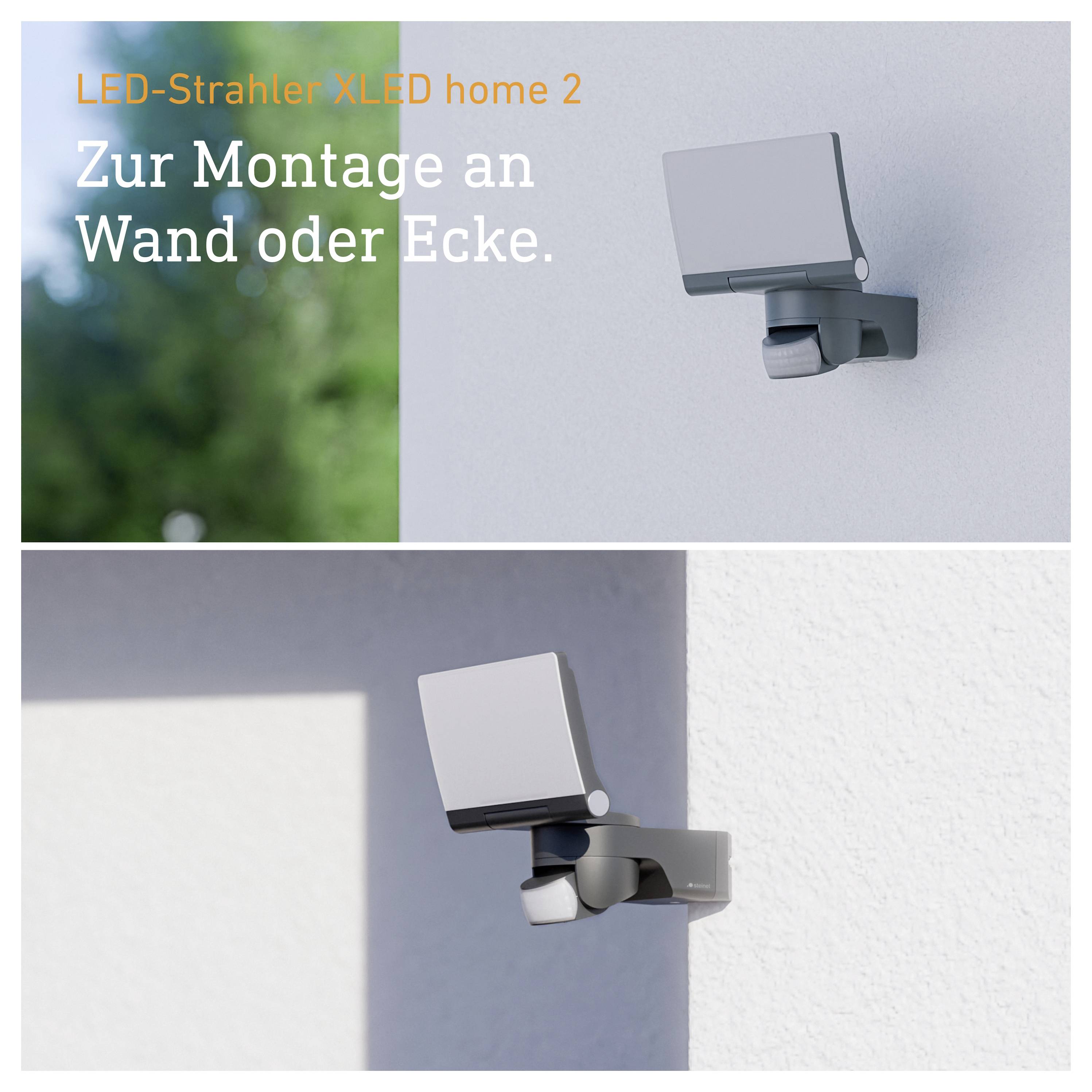 Projecteur LED XLED home 2 pour montage mural ou d'angle, montré sur un mur extérieur gris en gros plan.
