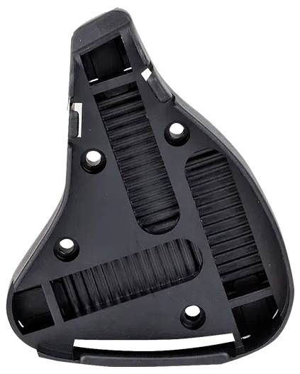 Composant en plastique avec cinq trous et une texture rainurée, probablement une pièce d'une structure mécanique ou d'assemblage.