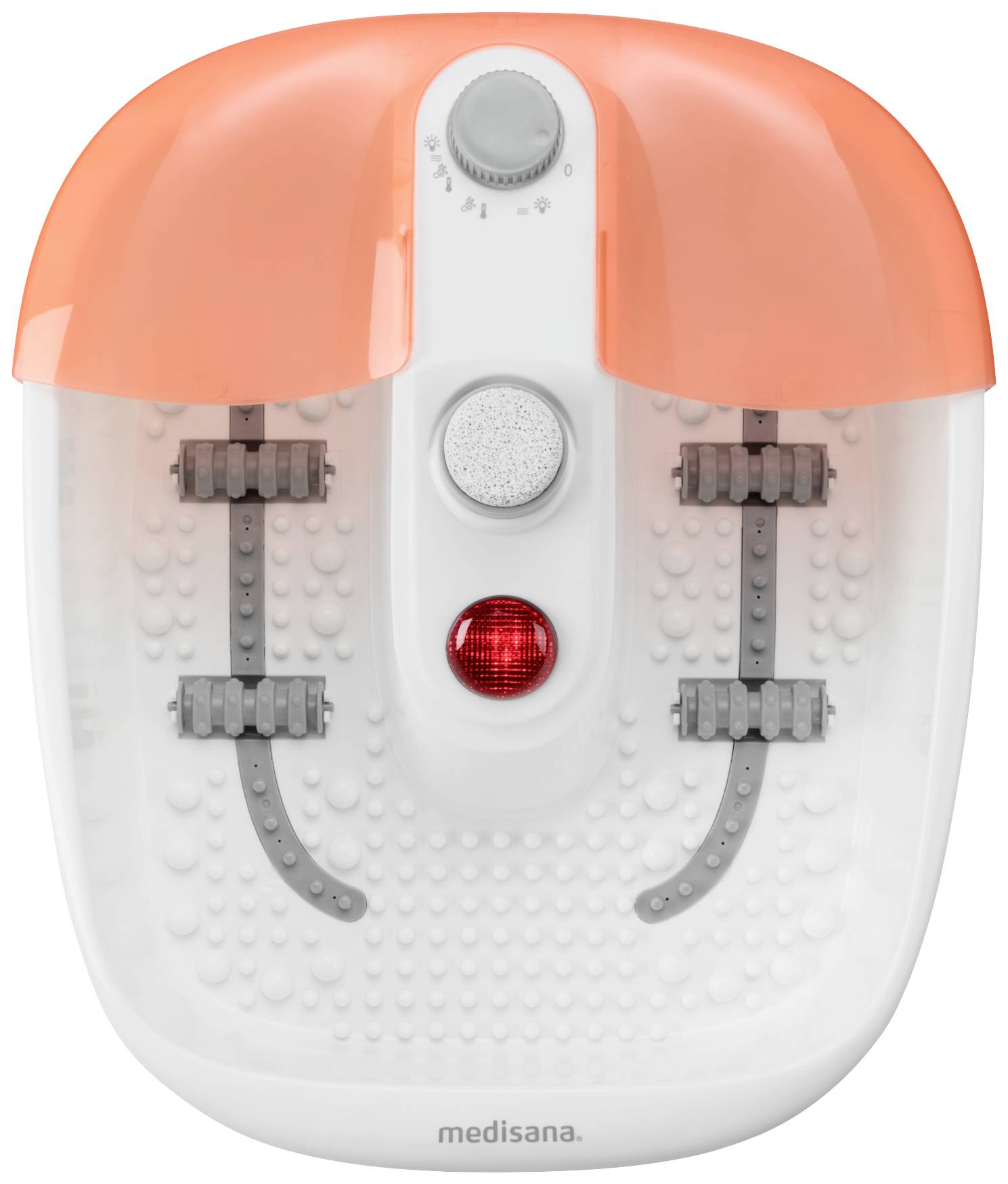 Bain à bulles pour les pieds en blanc et orange avec plusieurs rouleaux de massage, buses et un bouton rouge pour le contrôle.