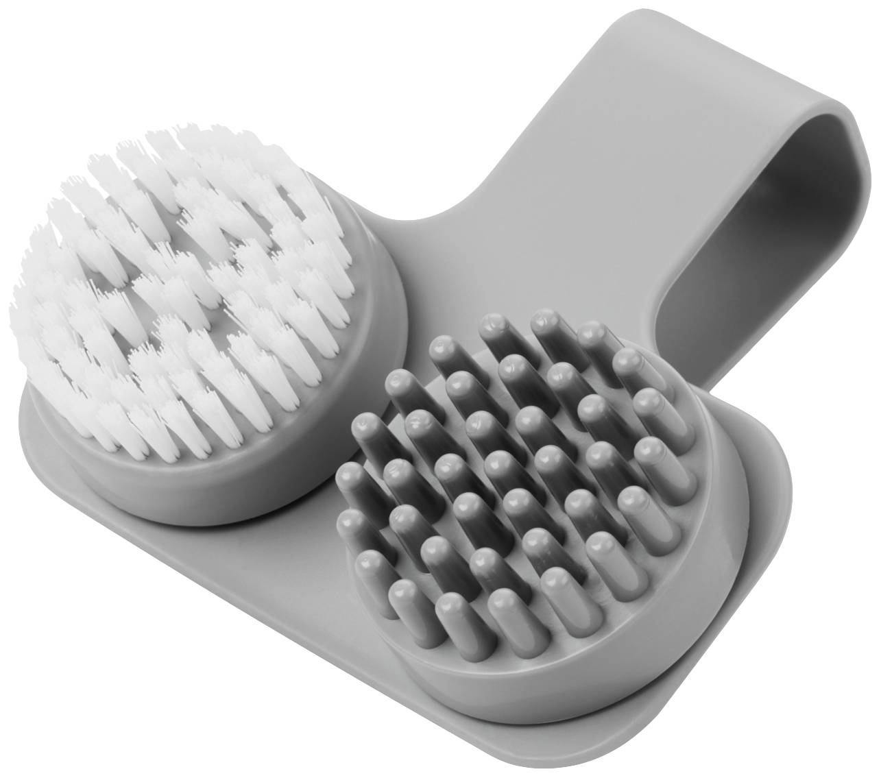 Un outil de nettoyage gris avec deux côtés de brosse : un côté avec des poils blancs et un autre avec des picots souples.