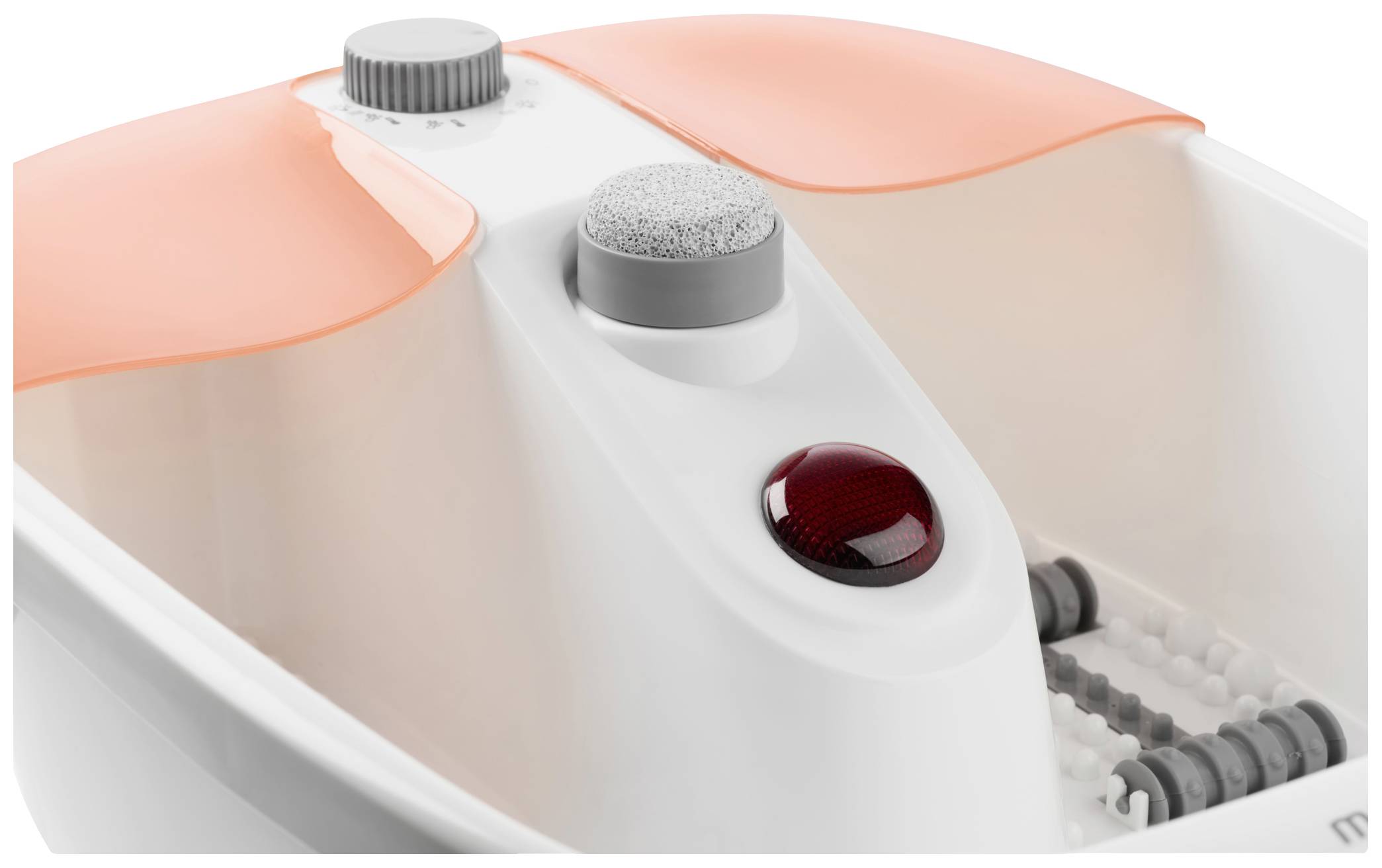 Bain de spa pour les pieds avec une bordure orange, des rouleaux de massage et des éléments de commande. Un bouton gris et un bouton rouge sont visibles sur le dessus.