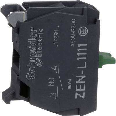 Gros plan d'un module relais Schneider Electric ZEN-L111 avec les bornes étiquetées et languette de connecteur verte sur fond blanc.
