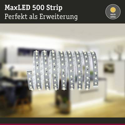 Bande lumineuse LED dans une cuisine avec le texte 'Ruban MaxLED 500, Parfait comme extension'