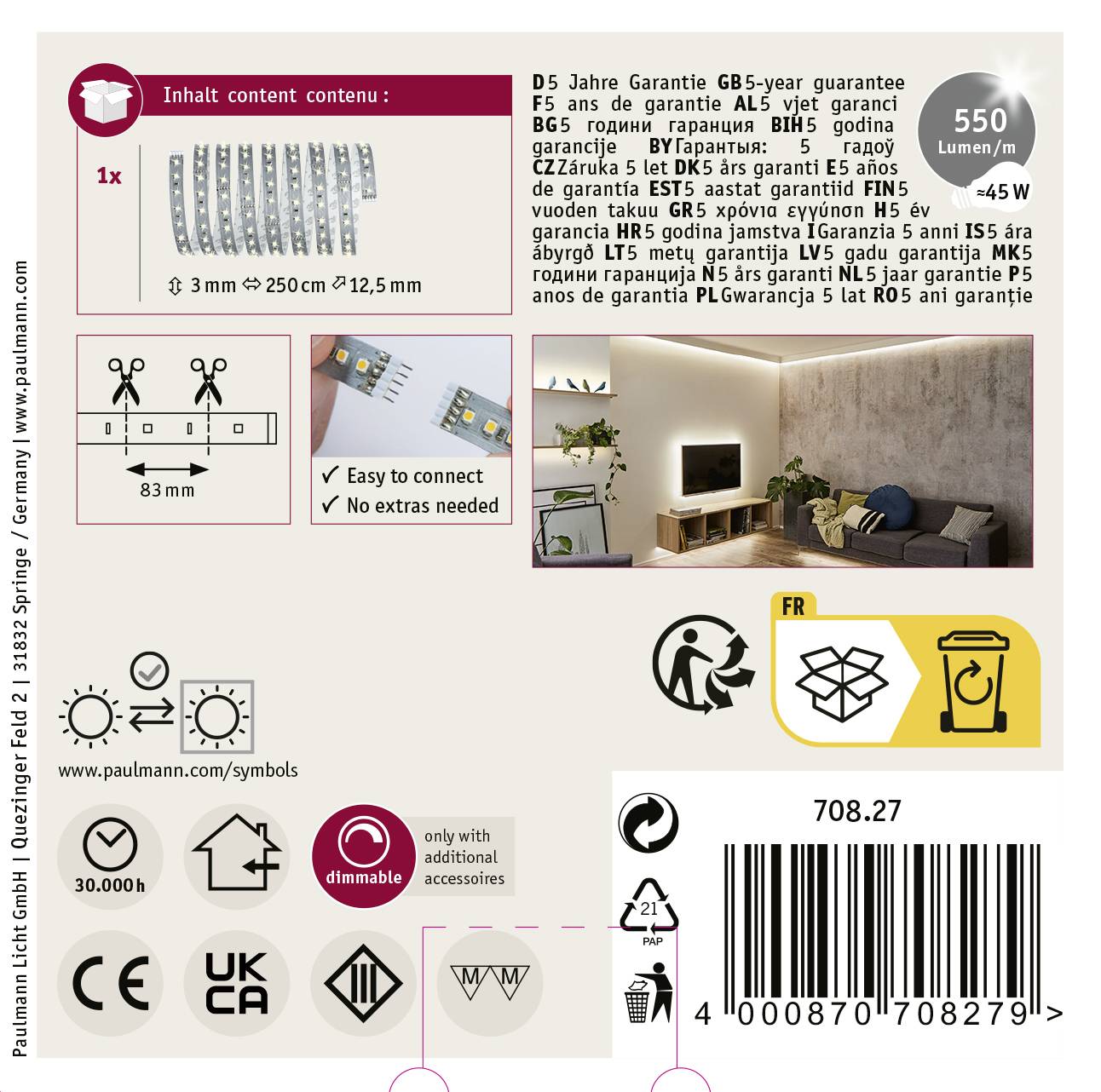 'Paulmann Bandes LED, Garantie : 5 ans. Contenu : 1x Bande LED, Longueur 3m, Puissance 550 lumens. Symboles et instructions d'installation.'