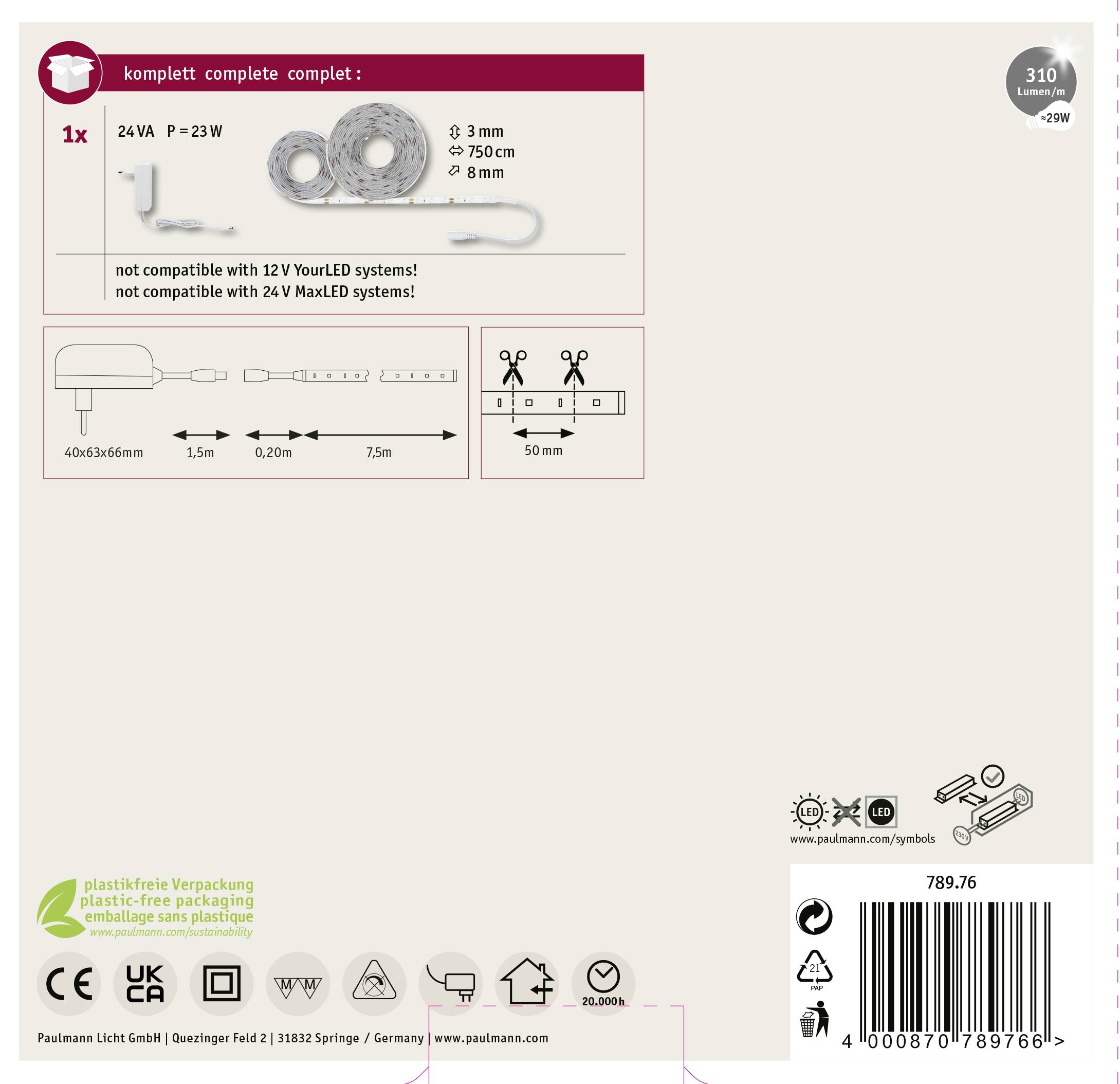 'Emballage de produit avec bande lumineuse à LED, dimensions et indications de compatibilité. Contient des symboles de montage et de recyclage.'