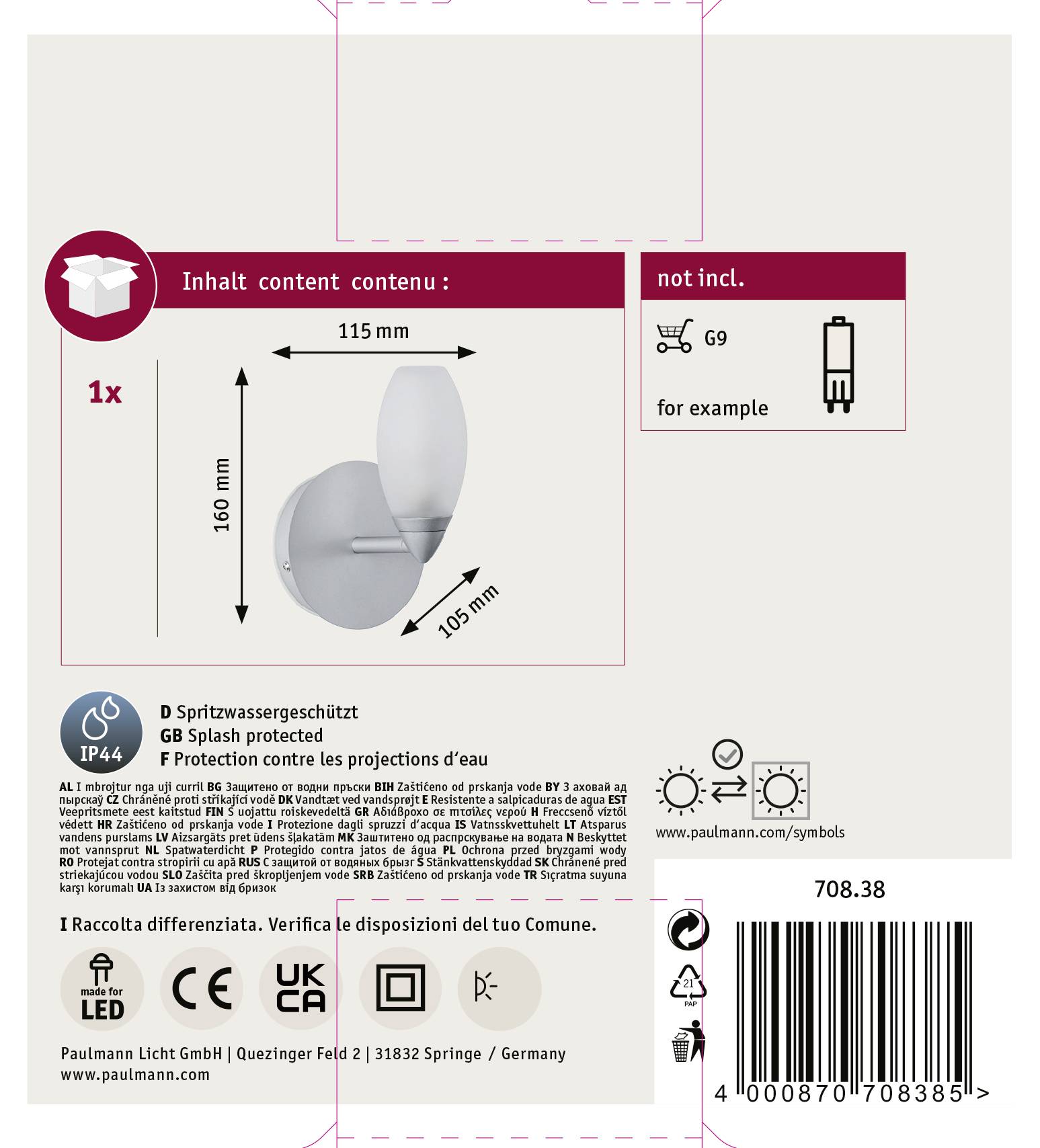 Emballage d'un radiateur mural indiquant les dimensions (115 mm de largeur, 140 mm de hauteur), ne comprenant pas d'ampoule. Indice de protection IP44, protégé contre les projections d'eau.
