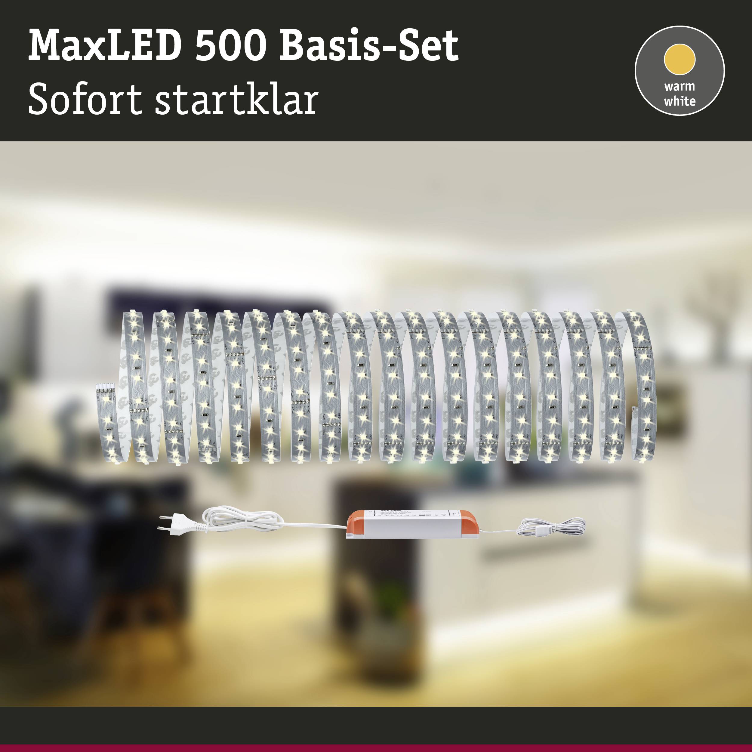Ensemble de base MaxLED 500, blanc chaud, prêt à l'emploi immédiat. Illustration d'un ruban LED enroulé avec ses accessoires. Idéal pour l'éclairage intérieur.