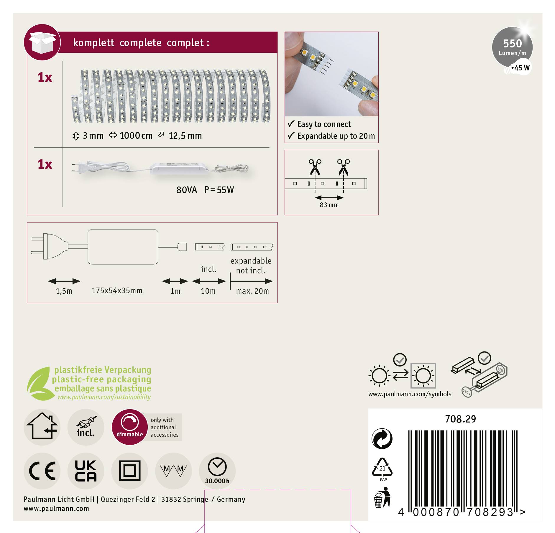 Ensemble de bande LED Paulsman de 550 lumens, 4,5 W. Le set comprend : 3 m de bande LED, extensible des deux côtés, et un bloc d'alimentation de 80 VA, 55 W. Adapté pour une installation extensible jusqu'à 20 m.