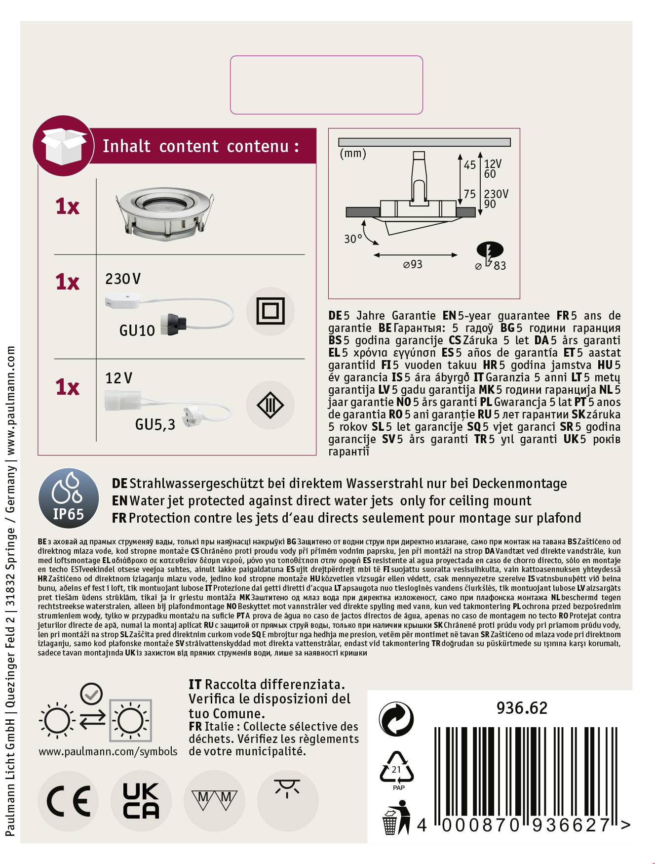 Emballage du produit pour un luminaire de plafond, présentant les informations d'installation, les caractéristiques de protection IP65 et la garantie. Comprend le code EAN et le logo de la marque.