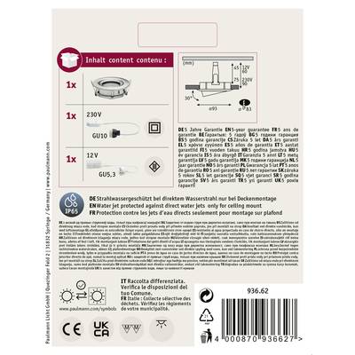 Emballage du produit pour un luminaire de plafond, présentant les informations d'installation, les caractéristiques de protection IP65 et la garantie. Comprend le code EAN et le logo de la marque.