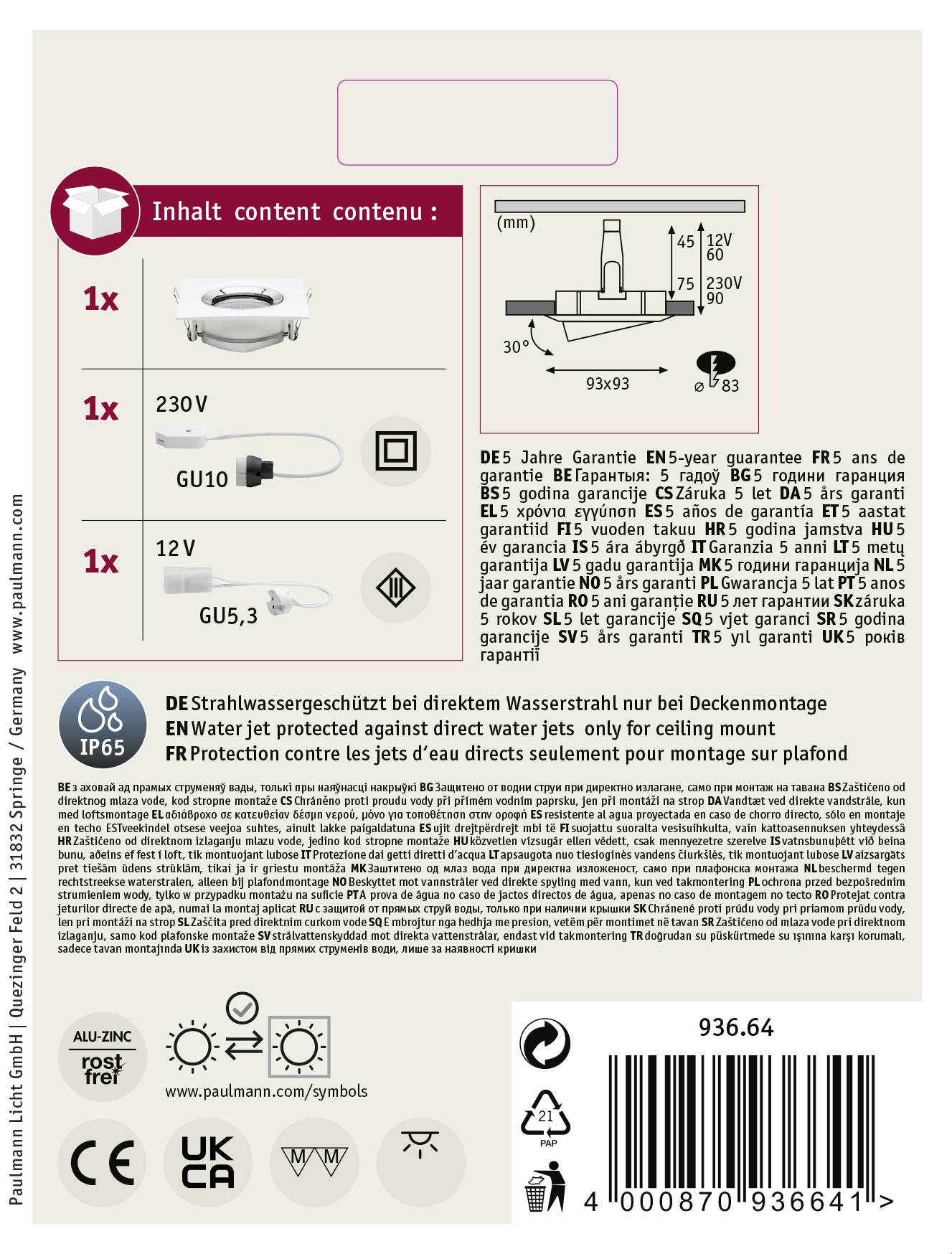 Emballage d'une lampe LED. Contient 1x GU10, 1x 230V, 1x GU5.3, 1x 12V. Étanche IP65. Informations de garantie et de protection multilingues.