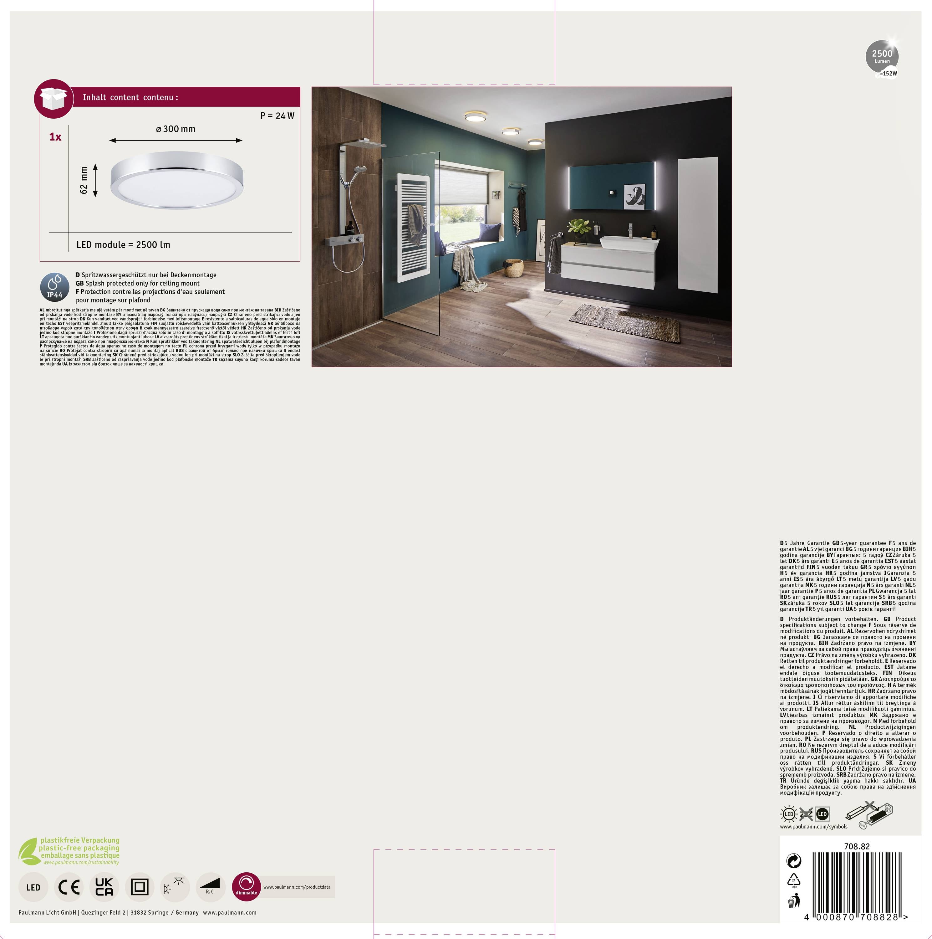 Emballage d'un luminaire de plafond avec illustration d'une salle de bain. Détails : Module LED, 2500 lm, Ø 300 mm, Puissance 24 W.