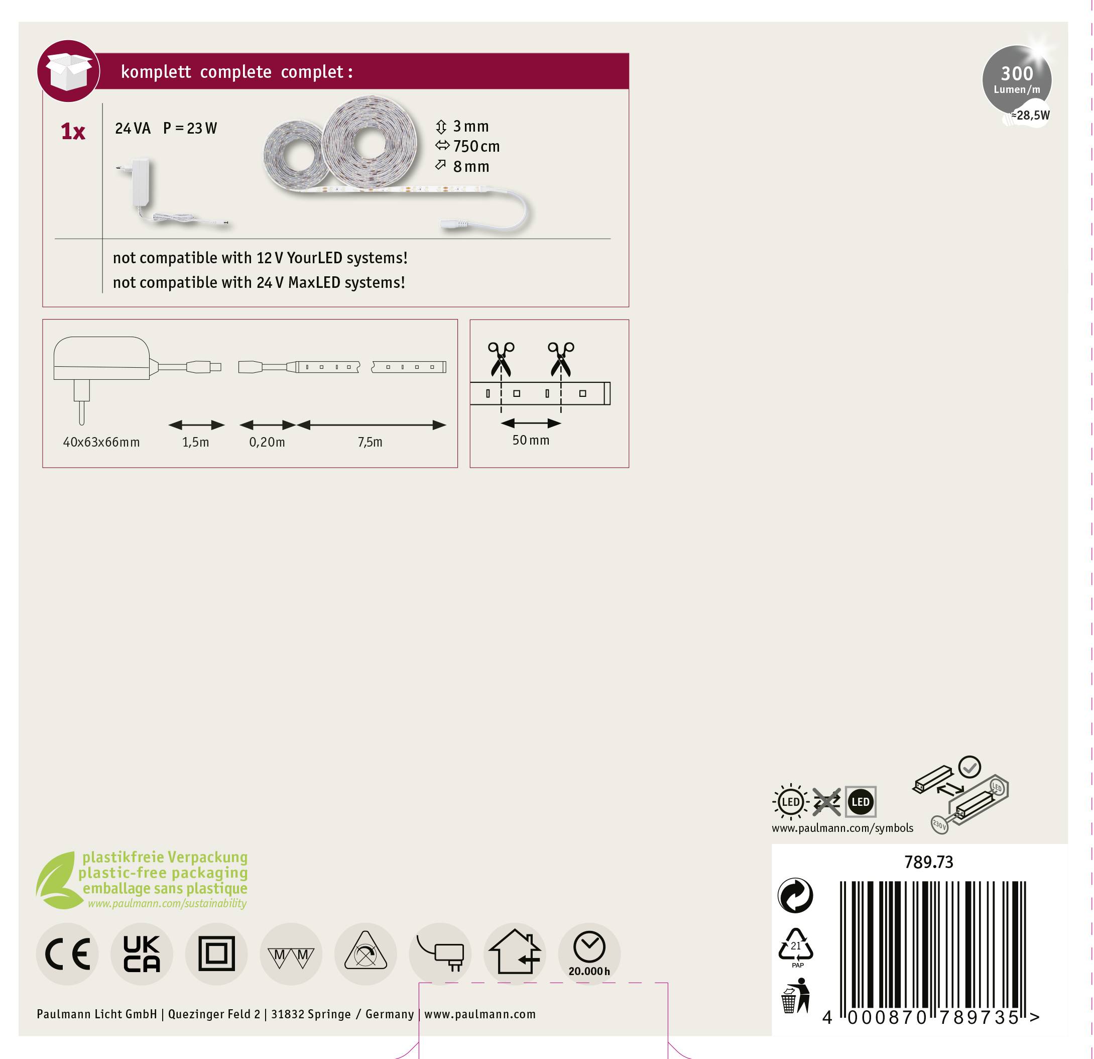 Un emballage pour un système d'éclairage LED présente les composants, dimensions et spécifications. Remarque : Non compatible avec les systèmes 12V.