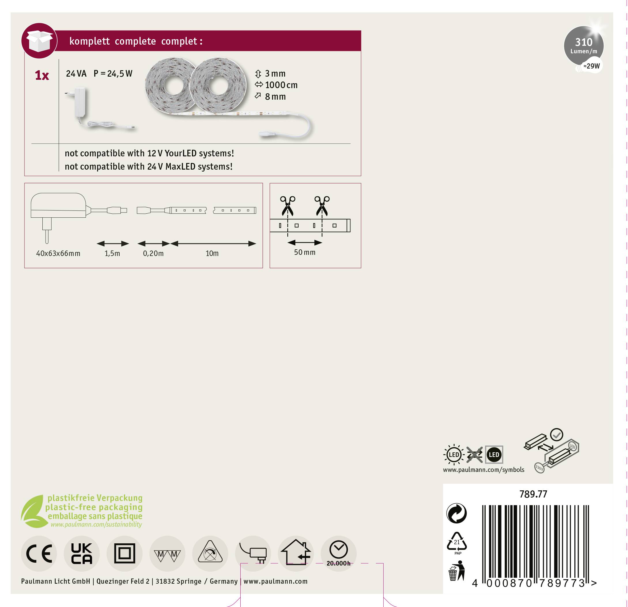 'Paulmann YouLED Kit de démarrage : Comprend 2x3m de bandes LED, câble de 100cm, adaptateur 24V. Non compatible avec les systèmes MaxLED 12V/24V.'