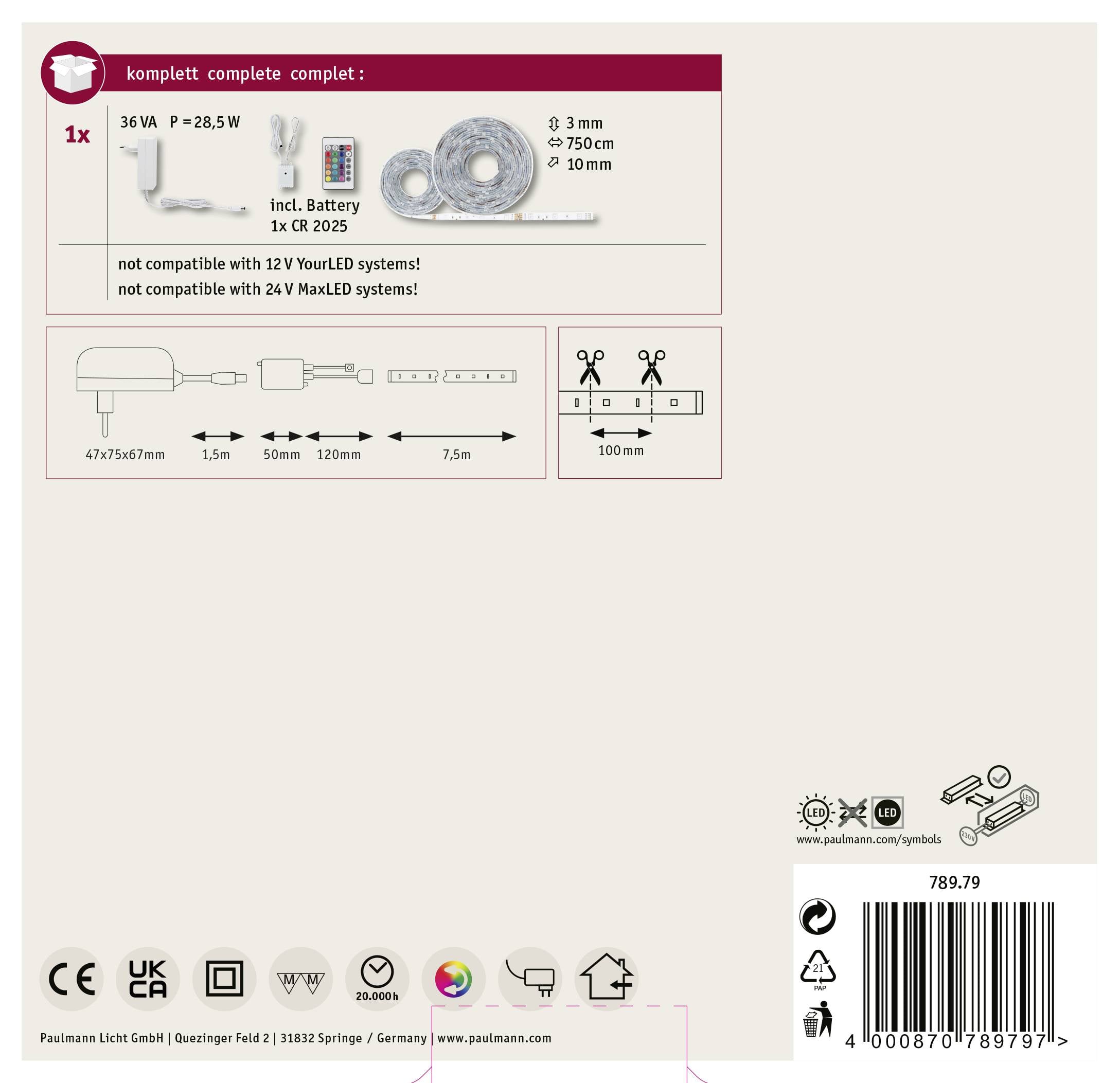 Un ensemble de bandes LED de 3 mètres, 28,5 W, comprenant l'alimentation. Non compatible avec les systèmes MaxLED 24V. Dimensions et symboles inclus.
