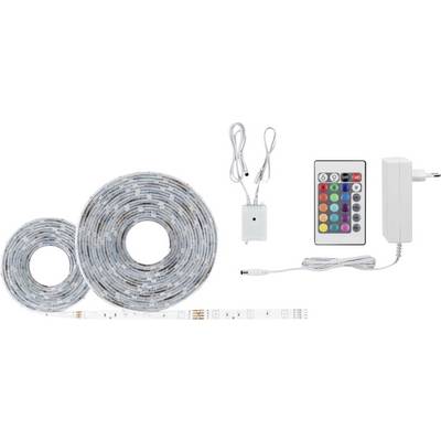 Deux bandes lumineuses LED enroulées, télécommande avec 24 touches de différentes couleurs, câble d'alimentation et adaptateur secteur.