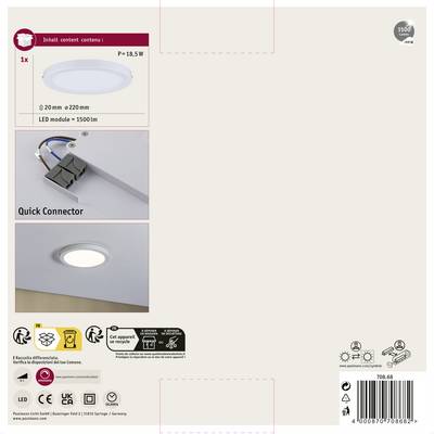 Emballage pour plafonnier LED rond, 18,5W, 1500 lm, Ø20 cm. Contient des illustrations d'installation et des symboles d'efficacité énergétique.