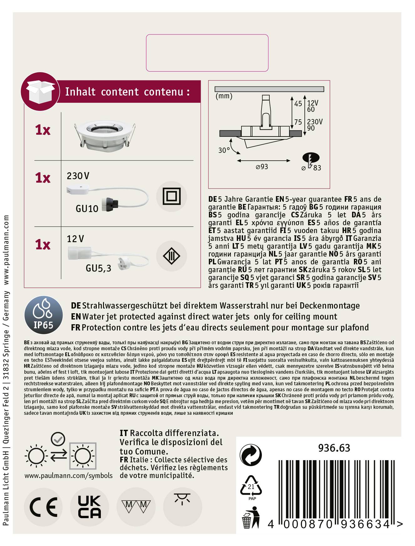 'Inhalt' présente les composants de lampes en allemand, anglais et français. Y compris le type de protection IP65 et les propriétés spécifiques des lampes.