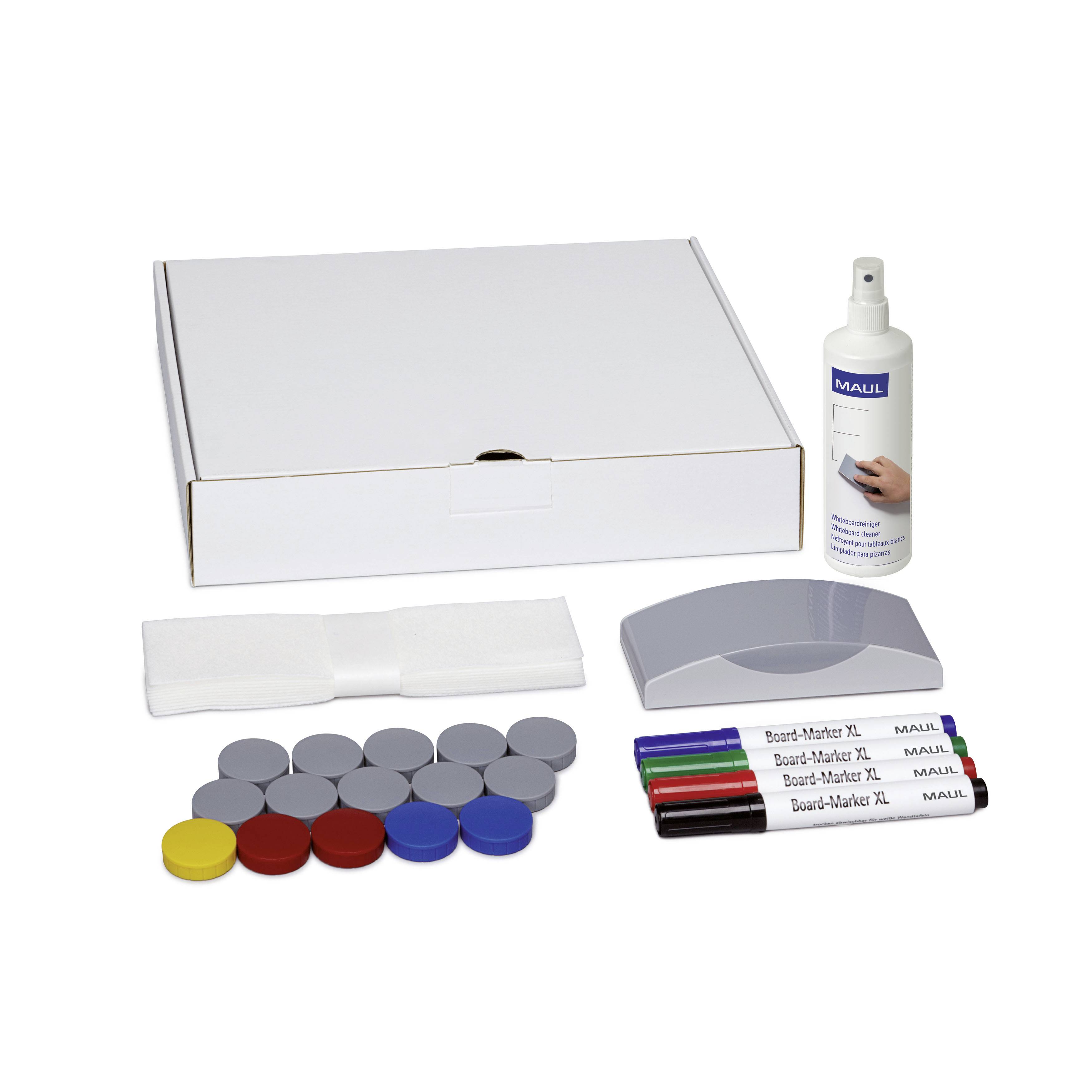 Kit de produits blanc avec une boîte de rangement, un flacon pulvérisateur, un chiffon de nettoyage, un support gris, des marqueurs ronds colorés et quatre feutres pour tableau blanc.