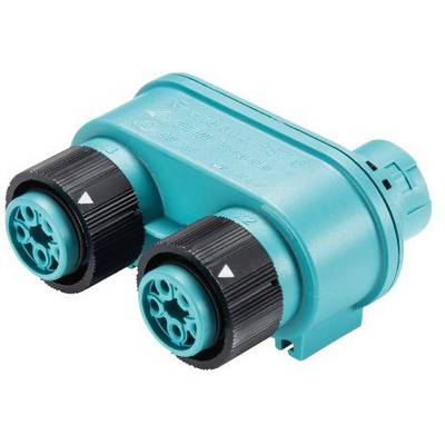 Un connecteur électrique bleu avec deux embouts noirs. Utilisé pour raccorder de manière sûre des câbles ou des fils dans des installations électriques.