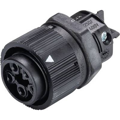 Connecteur cylindrique noir avec plusieurs broches, adapté aux applications 250V/400V, présentant des détails techniques et des connexions.