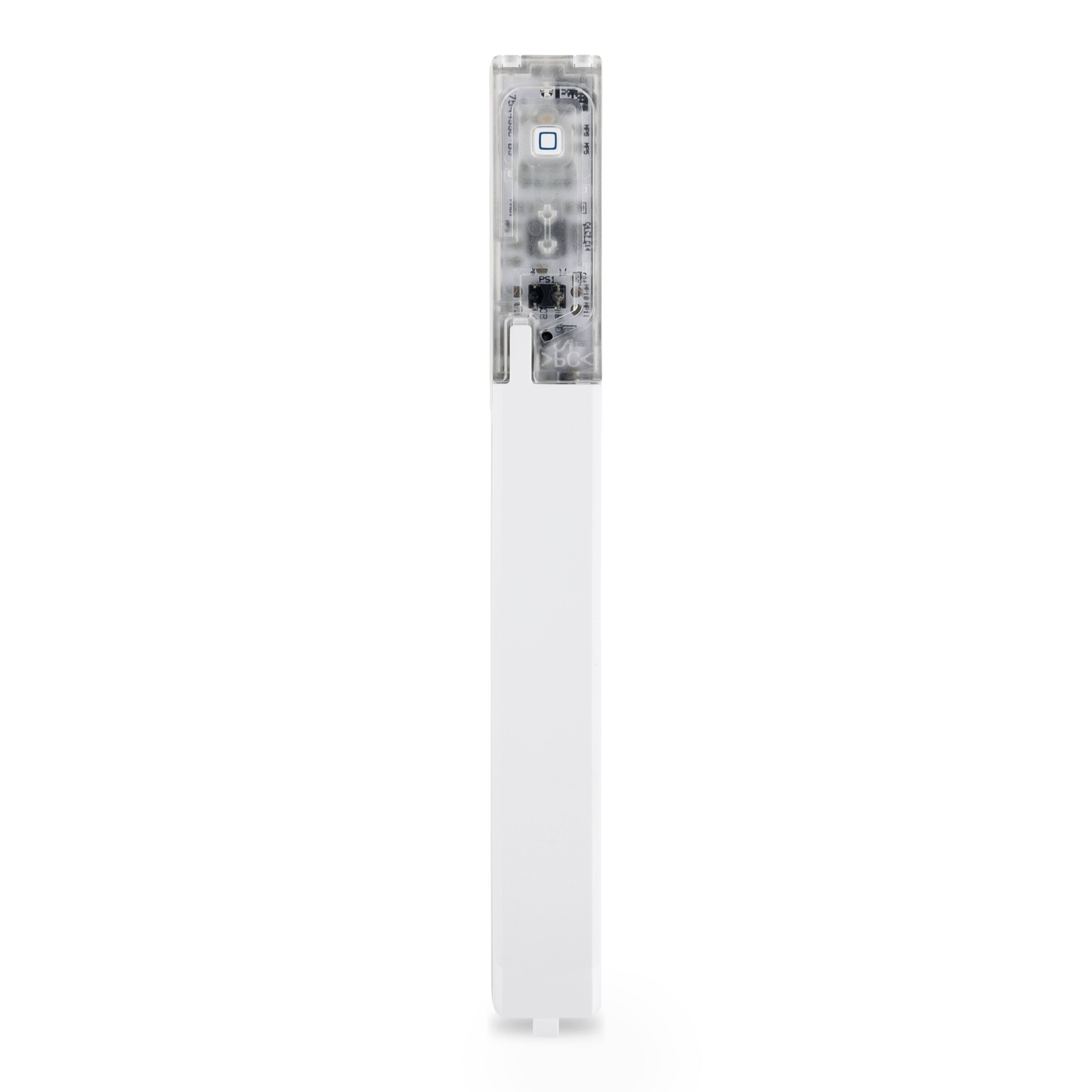 Un dispositif électronique blanc et fin ou une cartouche avec une section supérieure transparente et des circuits internes visibles, présenté isolé sur un fond blanc.