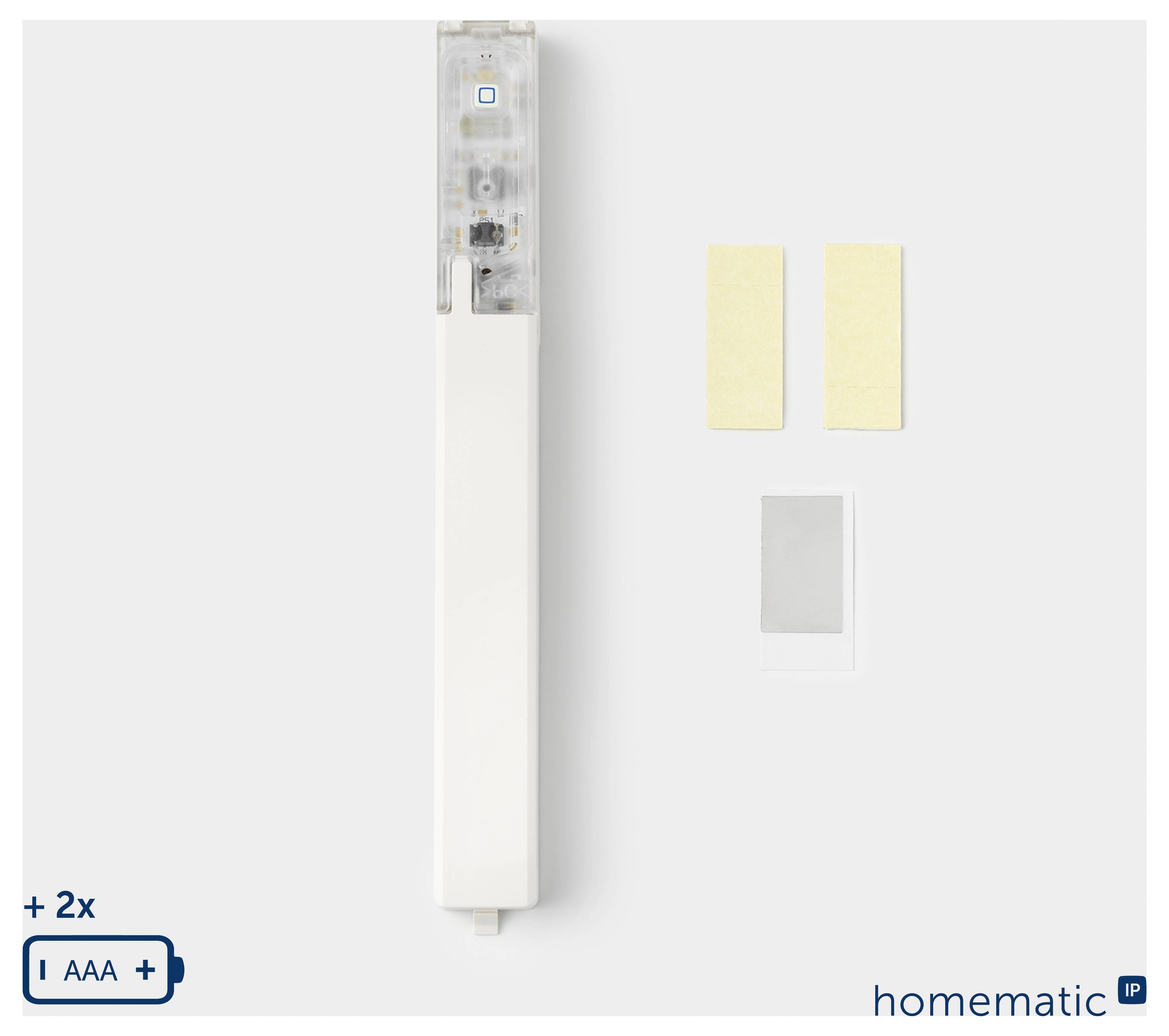 Contrôleur mural blanc Homematic IP pour maison intelligente avec deux pads adhésifs jaunes et un pad adhésif gris affichés à côté sur un fond clair.