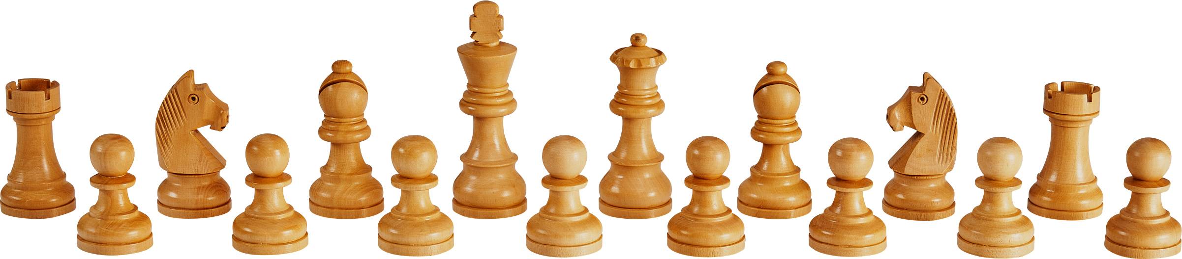 Un ensemble complet de pièces d'échecs en bois, disposées en ligne du pion au roi.