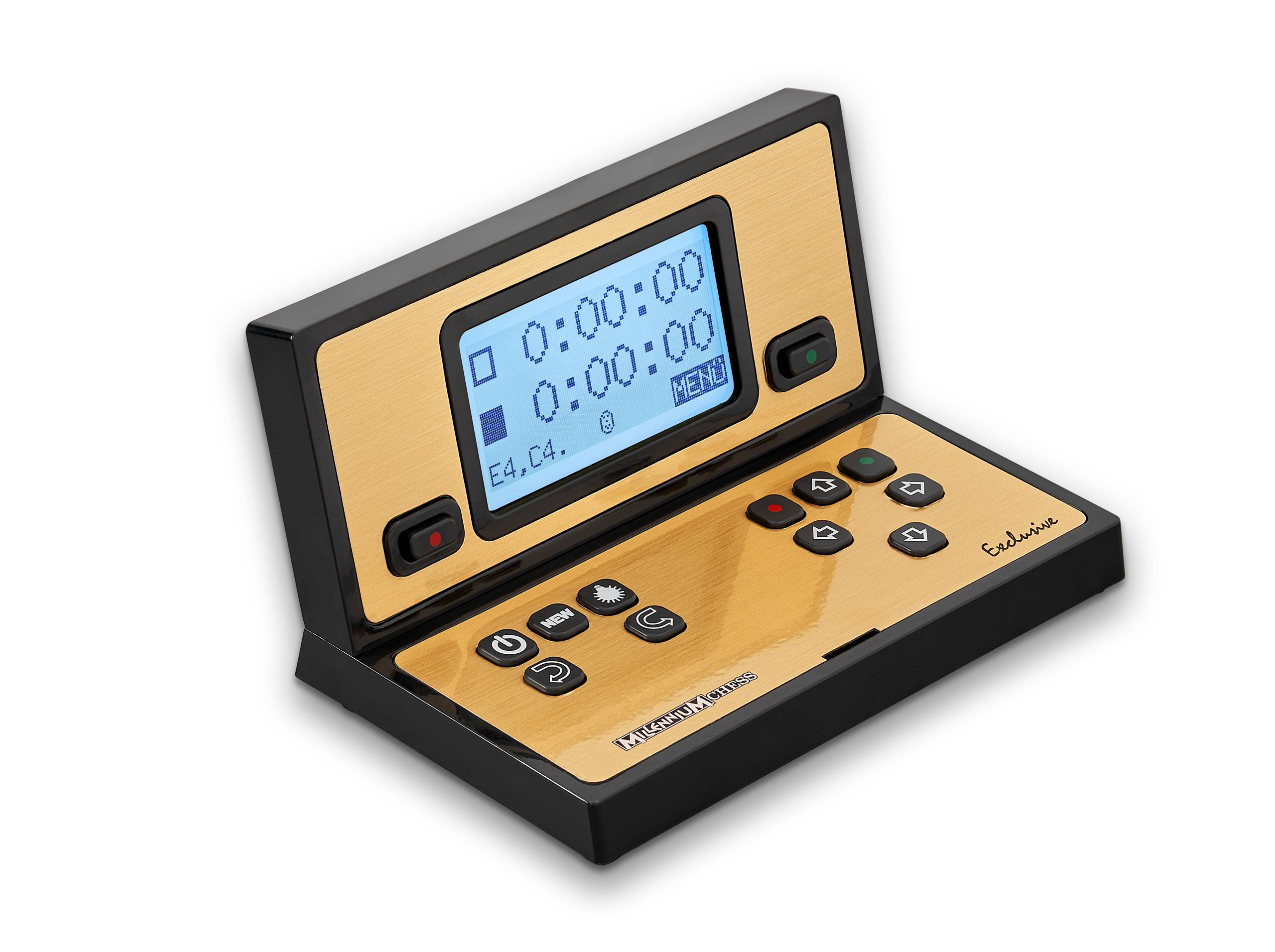 Minuteur d'échecs numérique au design en bois, affichant zéro seconde des deux côtés, avec des touches de démarrage/arrêt et des options de menu.