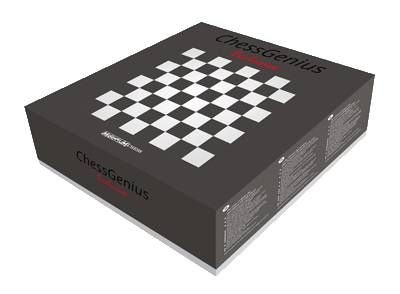 Boîte noire avec motif d'échiquier et l'inscription 'ChessGenius Exclusive'. Emballage pour un ensemble d'échecs.