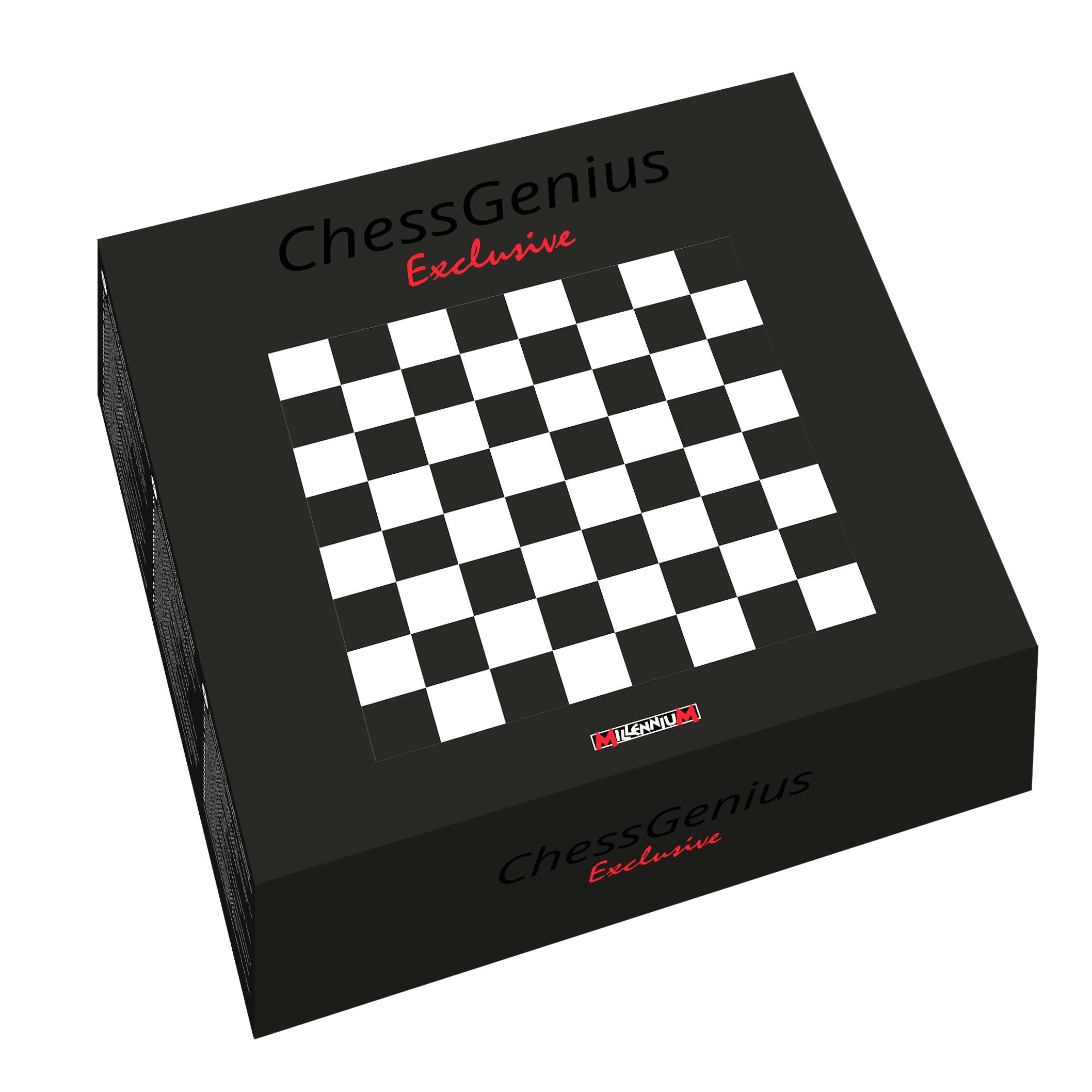 Emballage 'ChessGenius Exclusive' avec un design d'échiquier sur un fond noir, logo du produit bien en évidence.