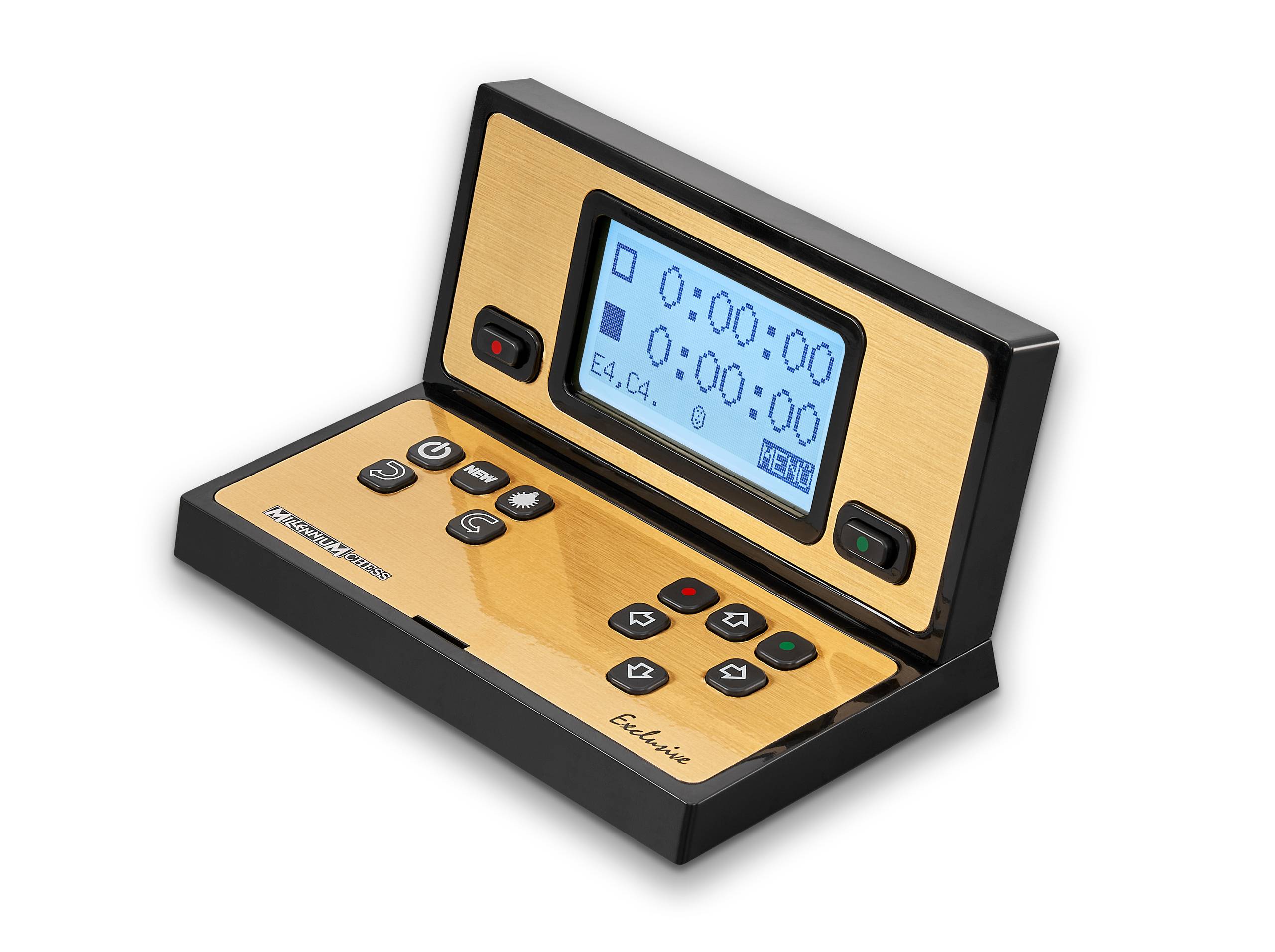 Appareil électronique de table avec écran et touches, affichant l'heure et les options de menu. Adapté pour les échecs ou les jeux de plateau.