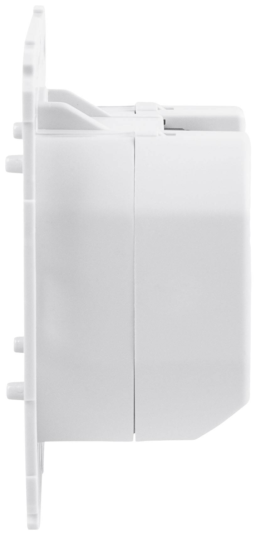 Prise électrique blanche vue de côté, conçue de manière minimaliste et moderne, montrant les éléments de montage et de fixation.