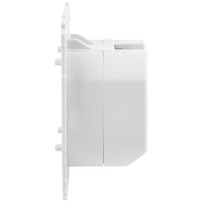 Prise électrique blanche vue de côté, conçue de manière minimaliste et moderne, montrant les éléments de montage et de fixation.