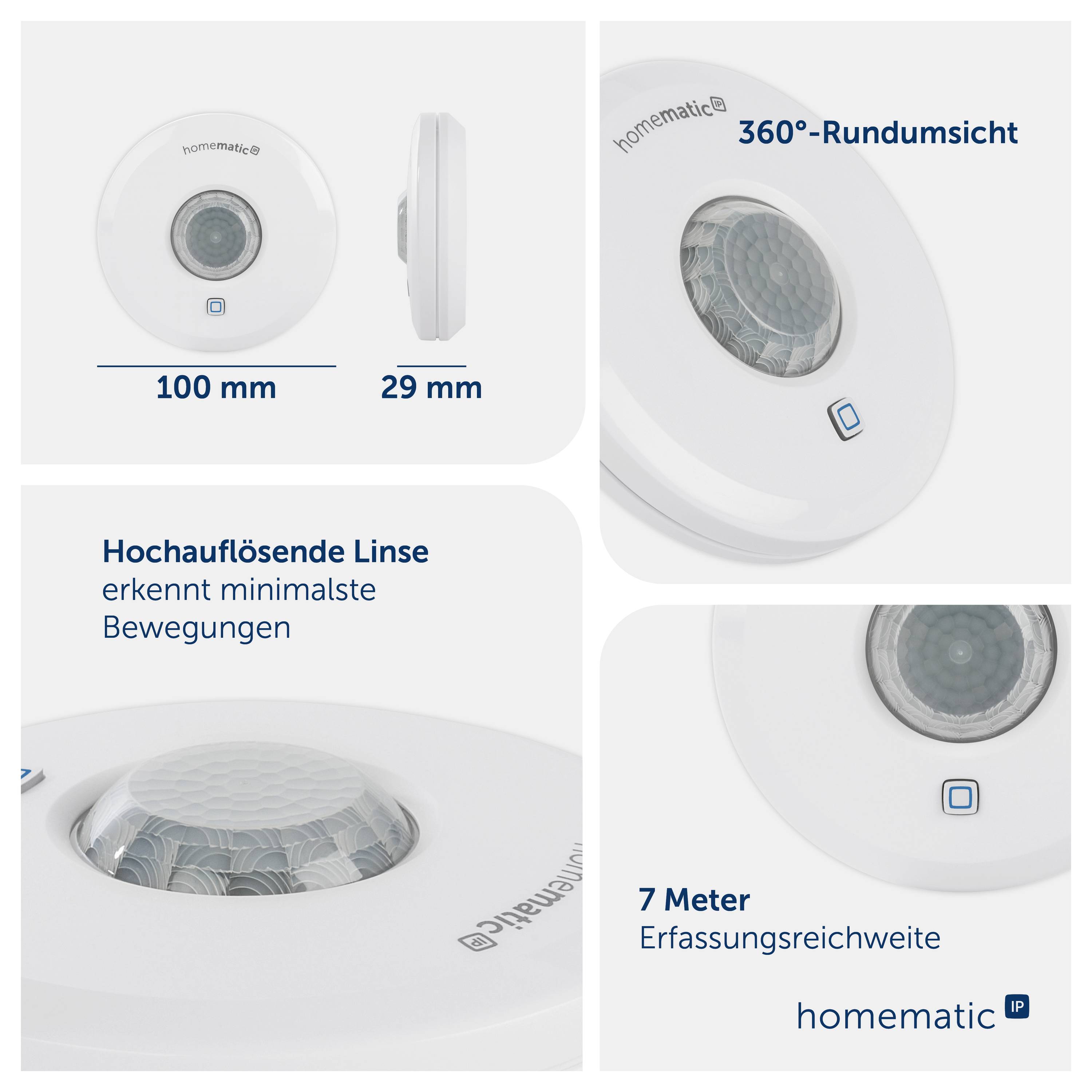 Graphique produit d'un détecteur de présence homematic IP avec vue panoramique à 360°, objectif haute résolution et spécifications : 100 mm, 29 mm, portée de détection de 7 mètres.