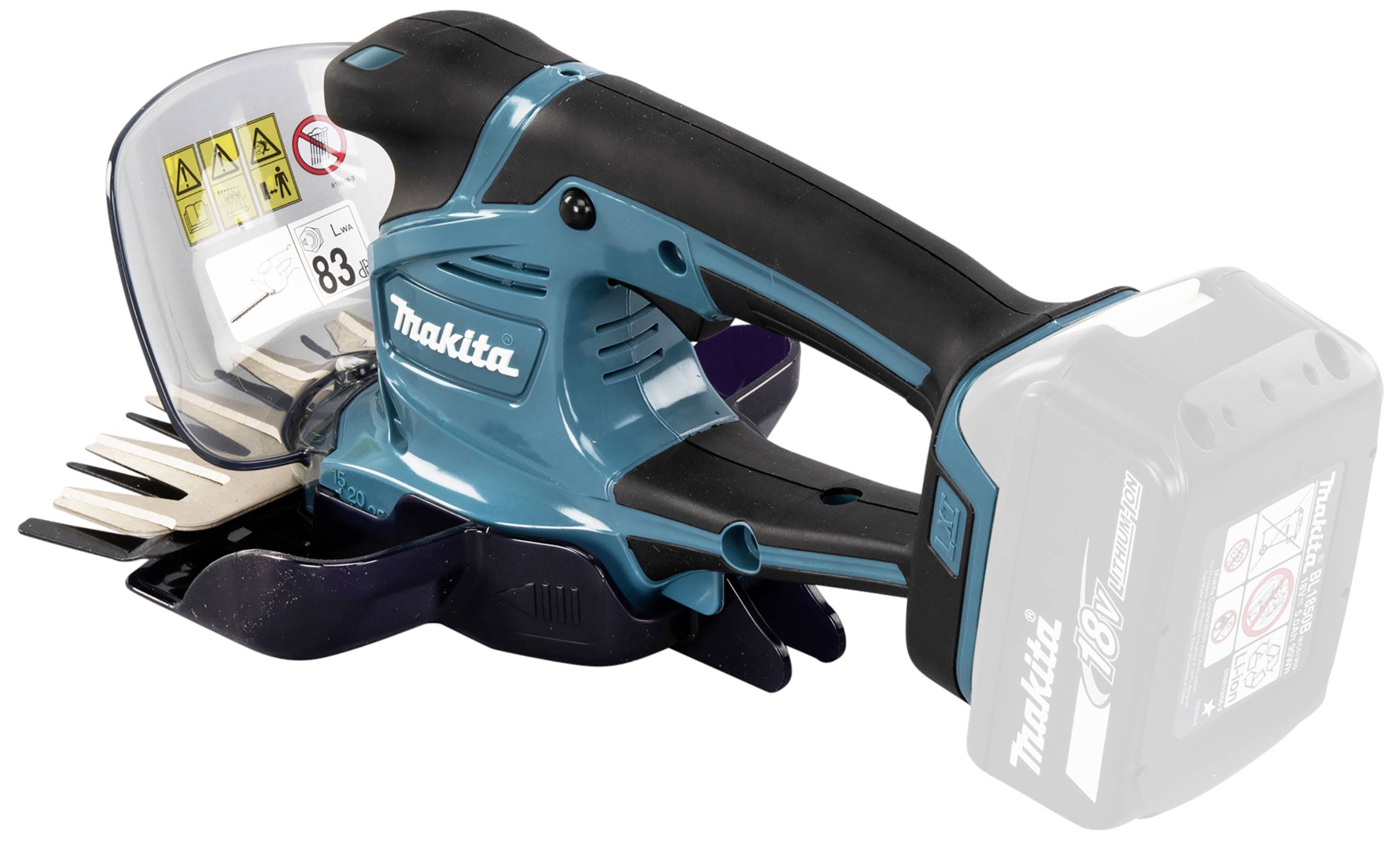Une cisaille à gazon Makita avec couvercle de protection et batterie Li-Ion. Elle est bleu-noir et conçue pour tailler l'herbe.