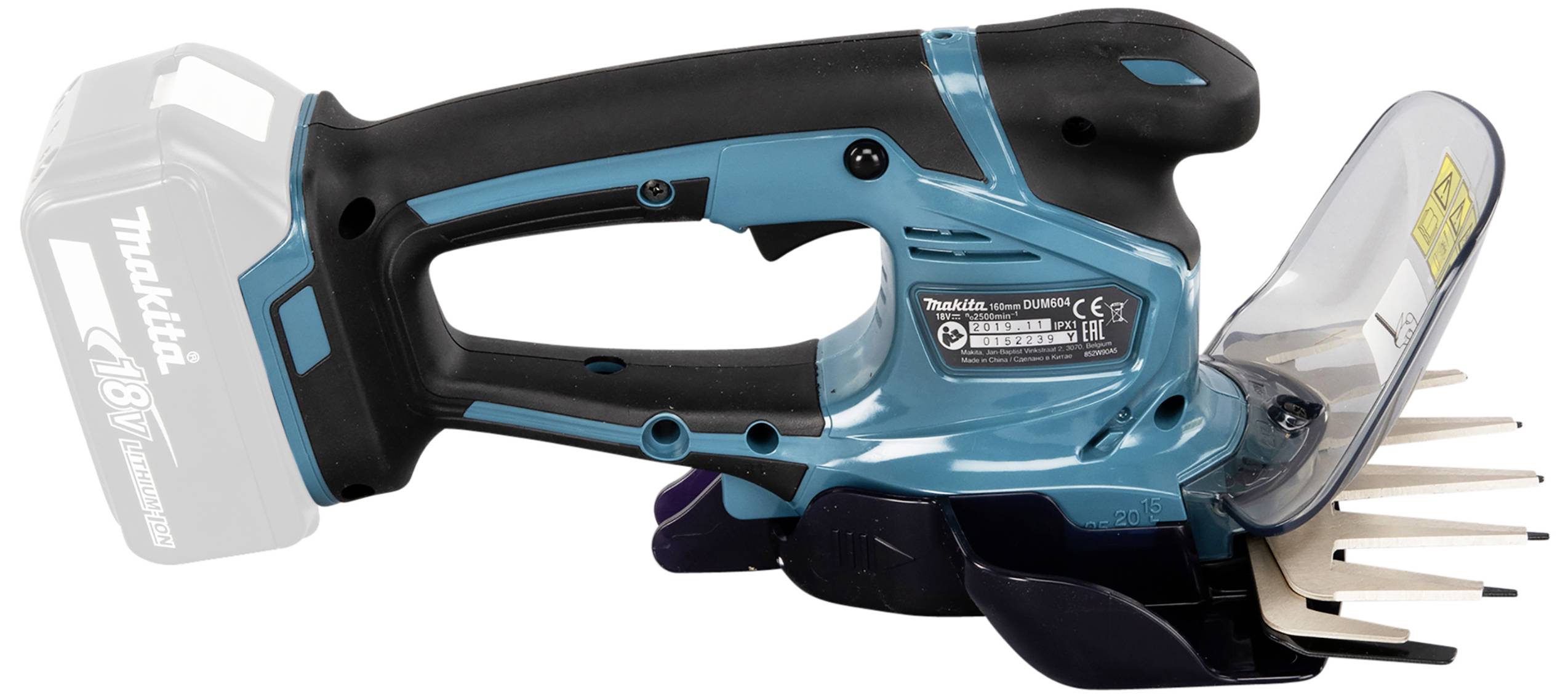 Taille-haie sans fil avec boîtier bleu et poignée noire. Alimenté par une batterie de 18V, optimisé pour l'entretien des jardins.