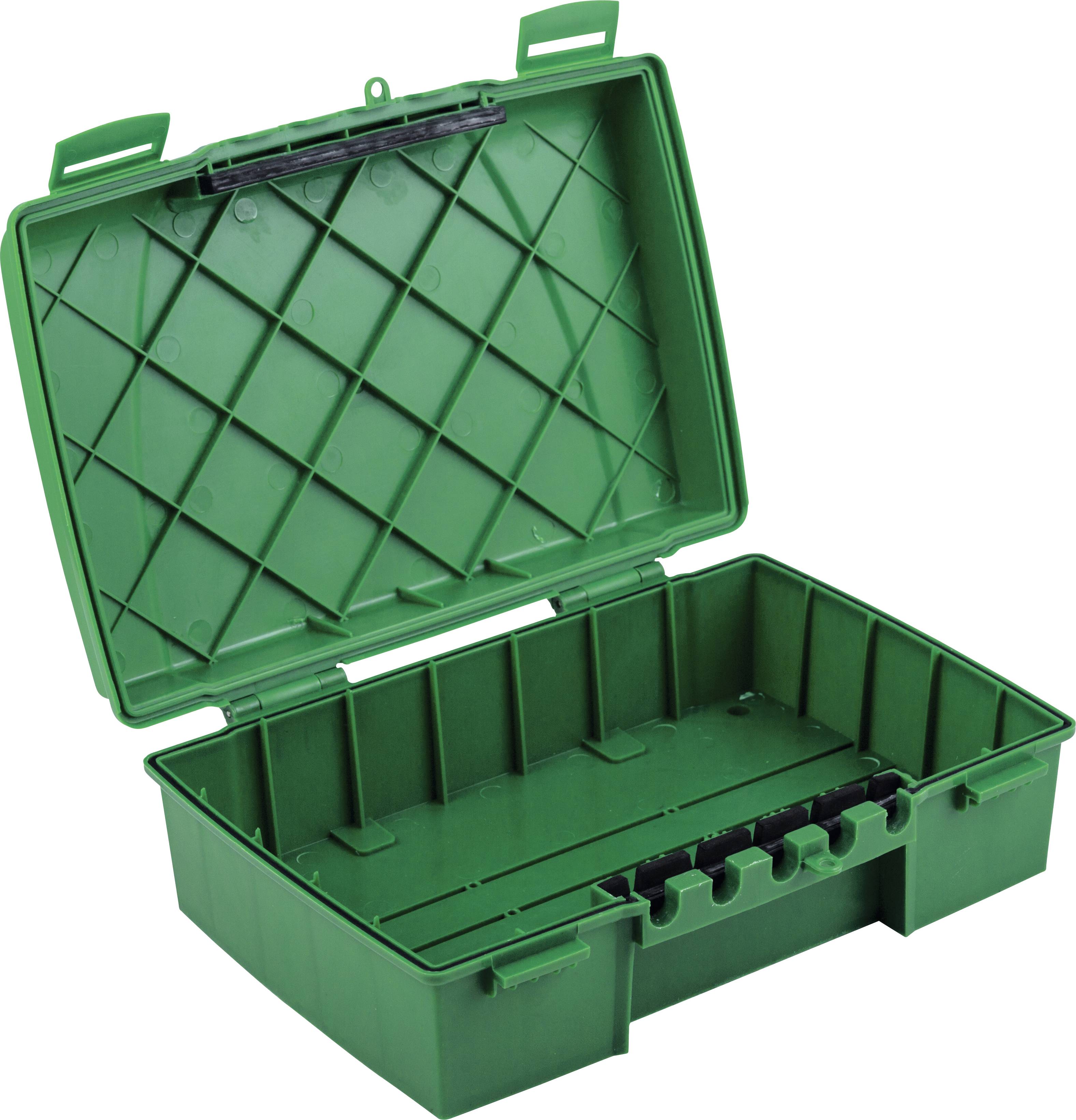 Une boîte à outils verte en plastique ouverte avec plusieurs compartiments et un motif losangé sur le couvercle.