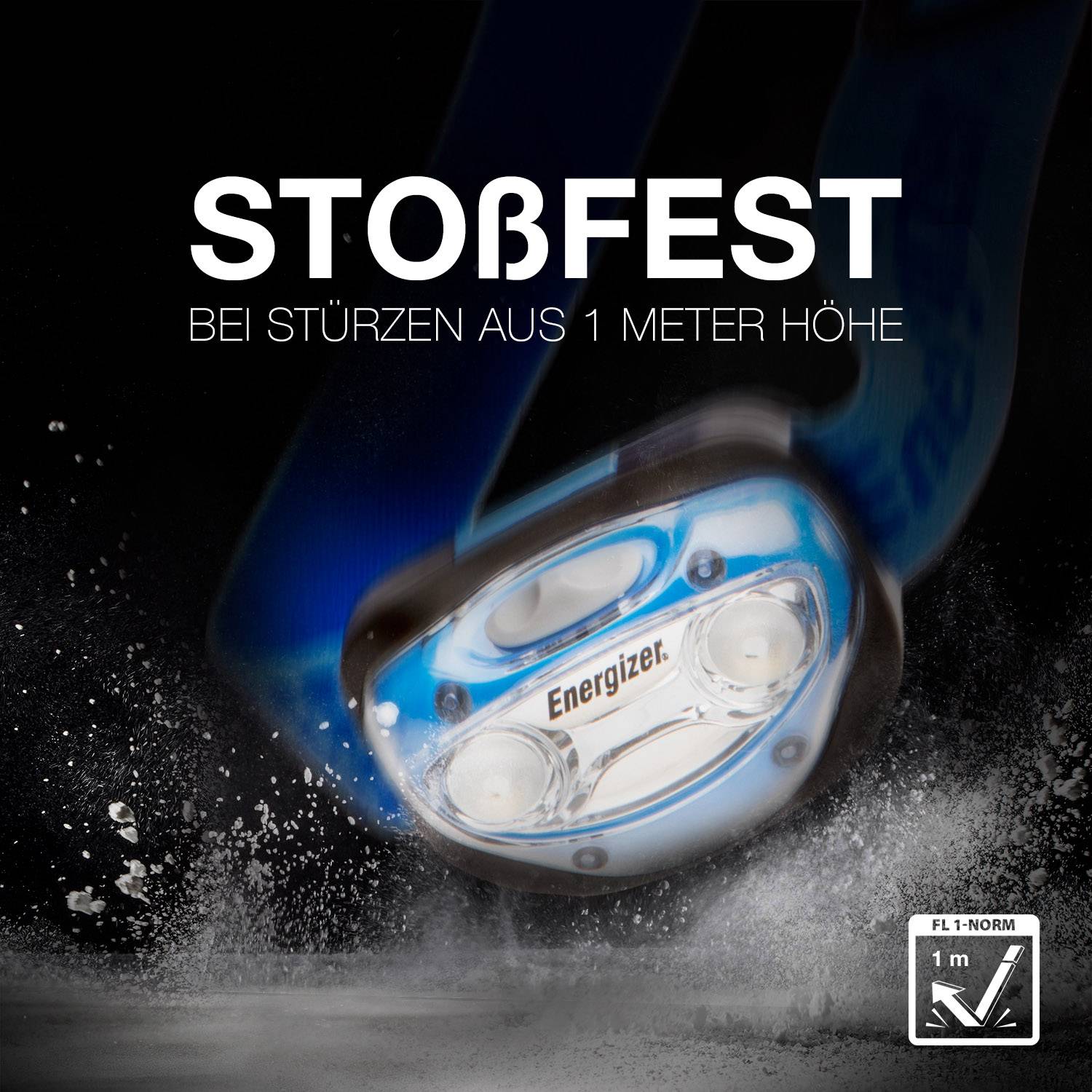 Lampe de poche portant l'inscription « résistante aux chocs en cas de chute d'un mètre de hauteur ». Gros plan avec illustration de protection contre l'eau et les chocs.