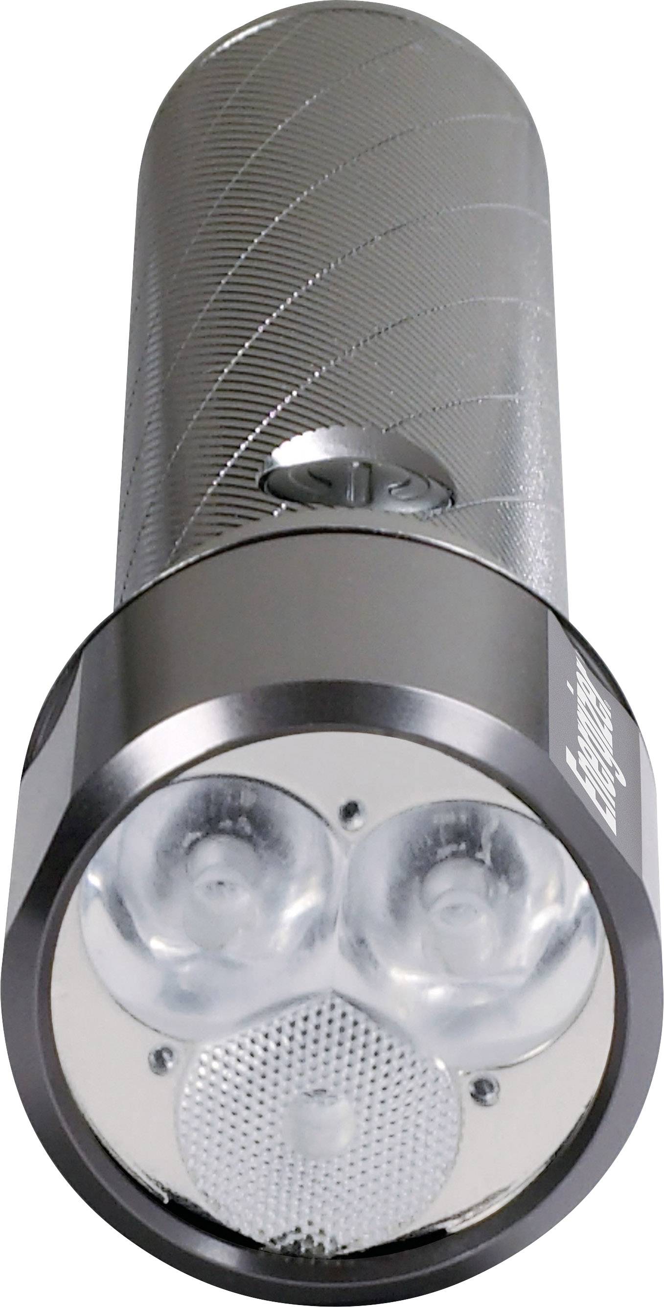 Lampe de poche grise avec trois lumières LED à l'avant. Elle dispose d'un boîtier strié et convient parfaitement à une utilisation pratique.