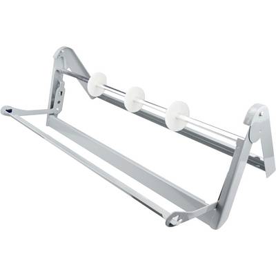 Un coupe-papier métallique doté d'un support de rouleau et de trois disques de guidage, utilisé pour couper de grandes feuilles de papier de manière fluide et précise.