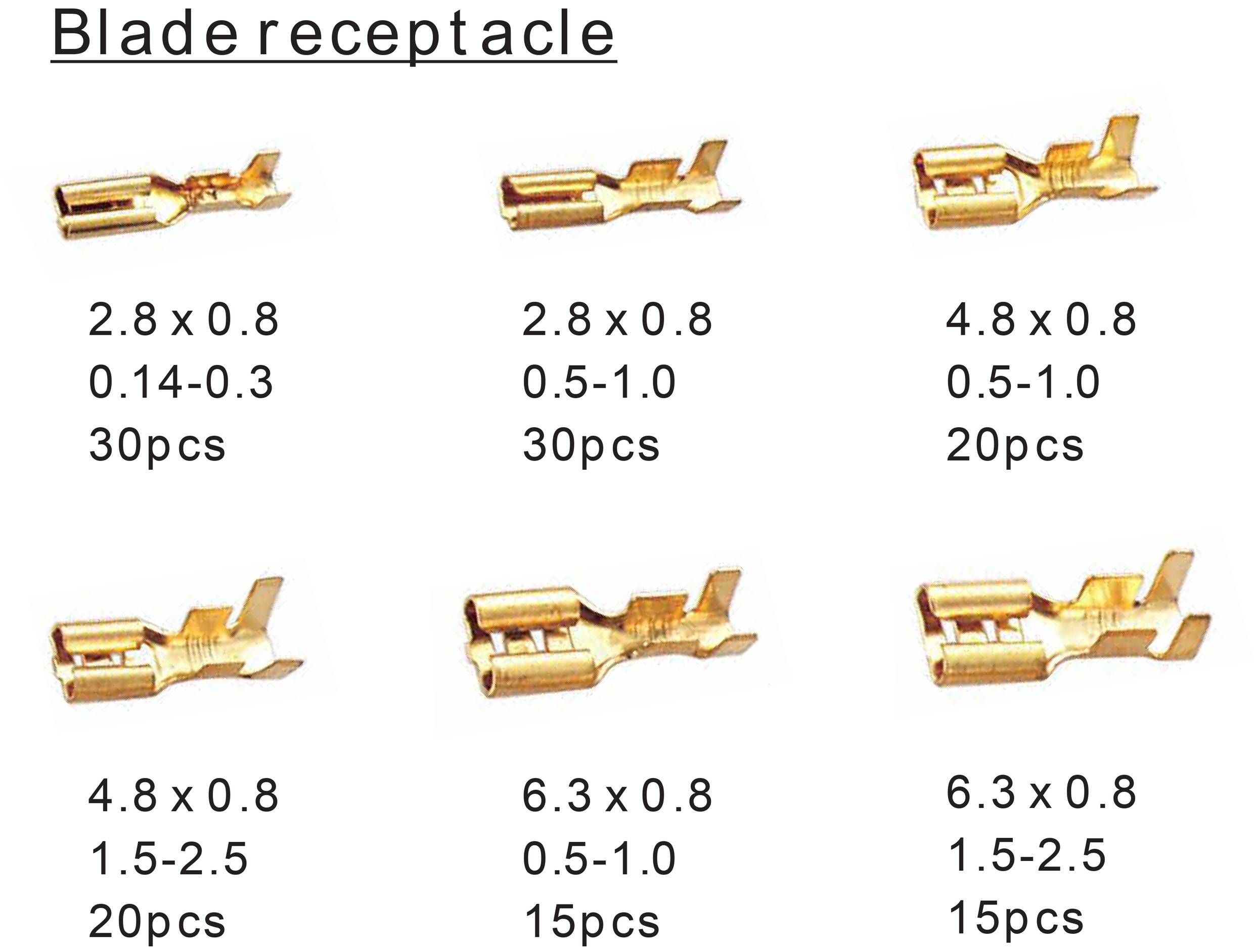 Illustration de six douilles de lame de différents types, en deux tailles et sections de fil variées, avec quantités par type.