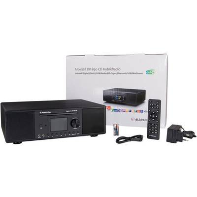 'Combinaison radio et lecteur CD posée sur une table, Albrecht DR 890 CD Hybridradio, avec télécommande et emballage en arrière-plan.'