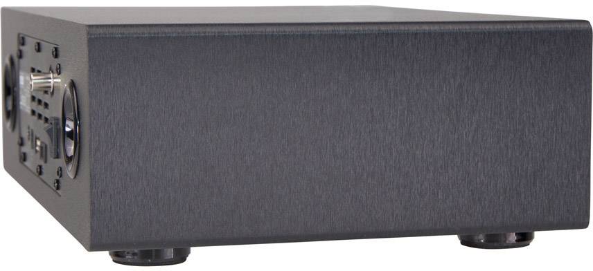 Un appareil électronique noir et rectangulaire, doté de fentes de ventilation sur le côté et de pieds de support pour assurer sa stabilité sur une surface.