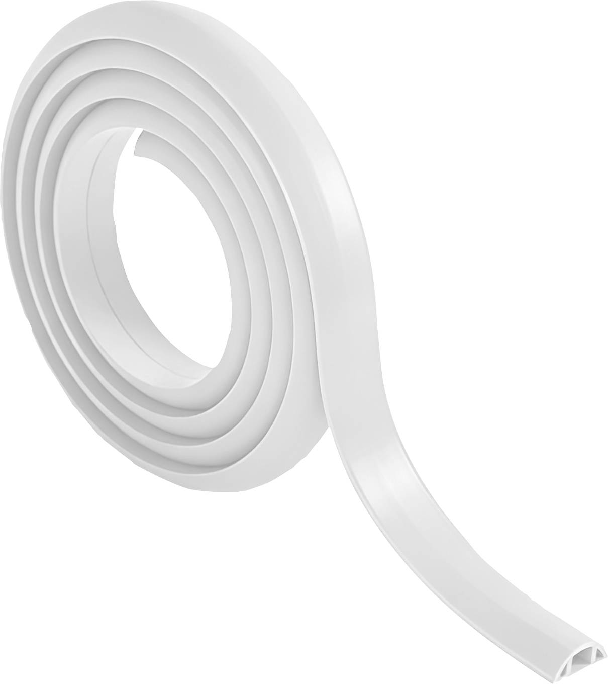 Un rouleau enroulé de ruban adhésif blanc, utilisé pour sceller ou isoler, avec une surface plate et lisse et des bords arrondis.