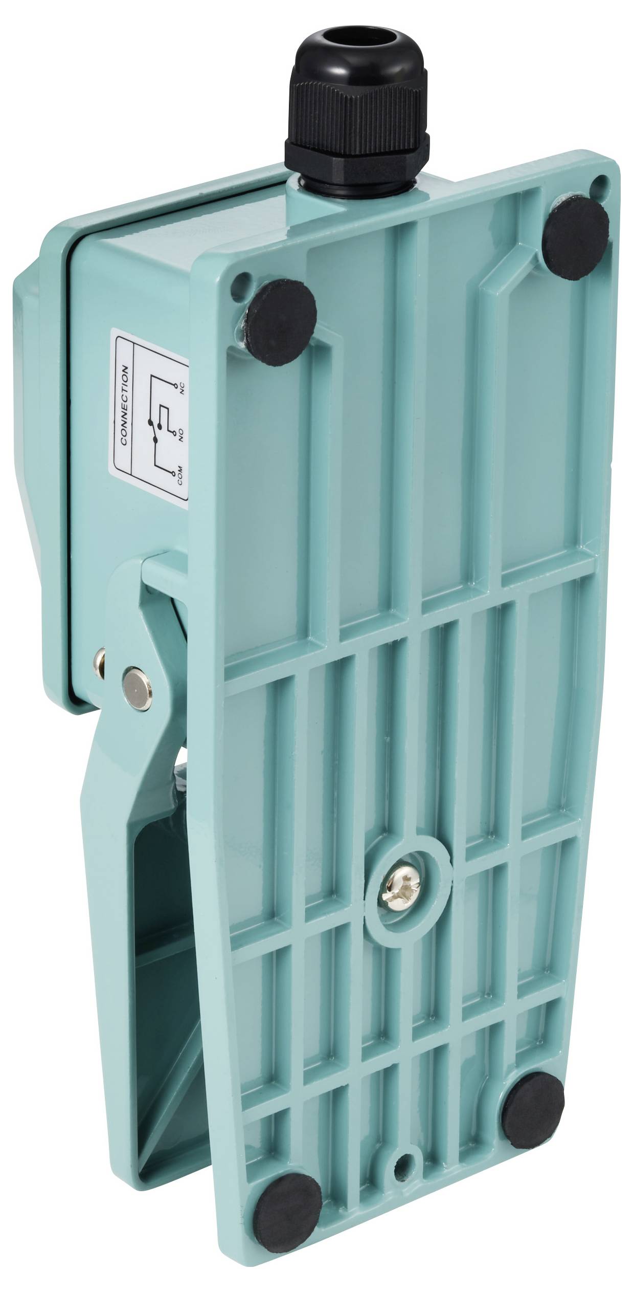 Un interrupteur électrique turquoise avec un raccordement de câble noir en haut, possibilité de montage visible à l'arrière.