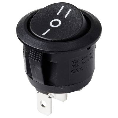 Un interrupteur à bascule noir et rond avec un trait blanc et un symbole zéro. Adapté pour les appareils électriques.